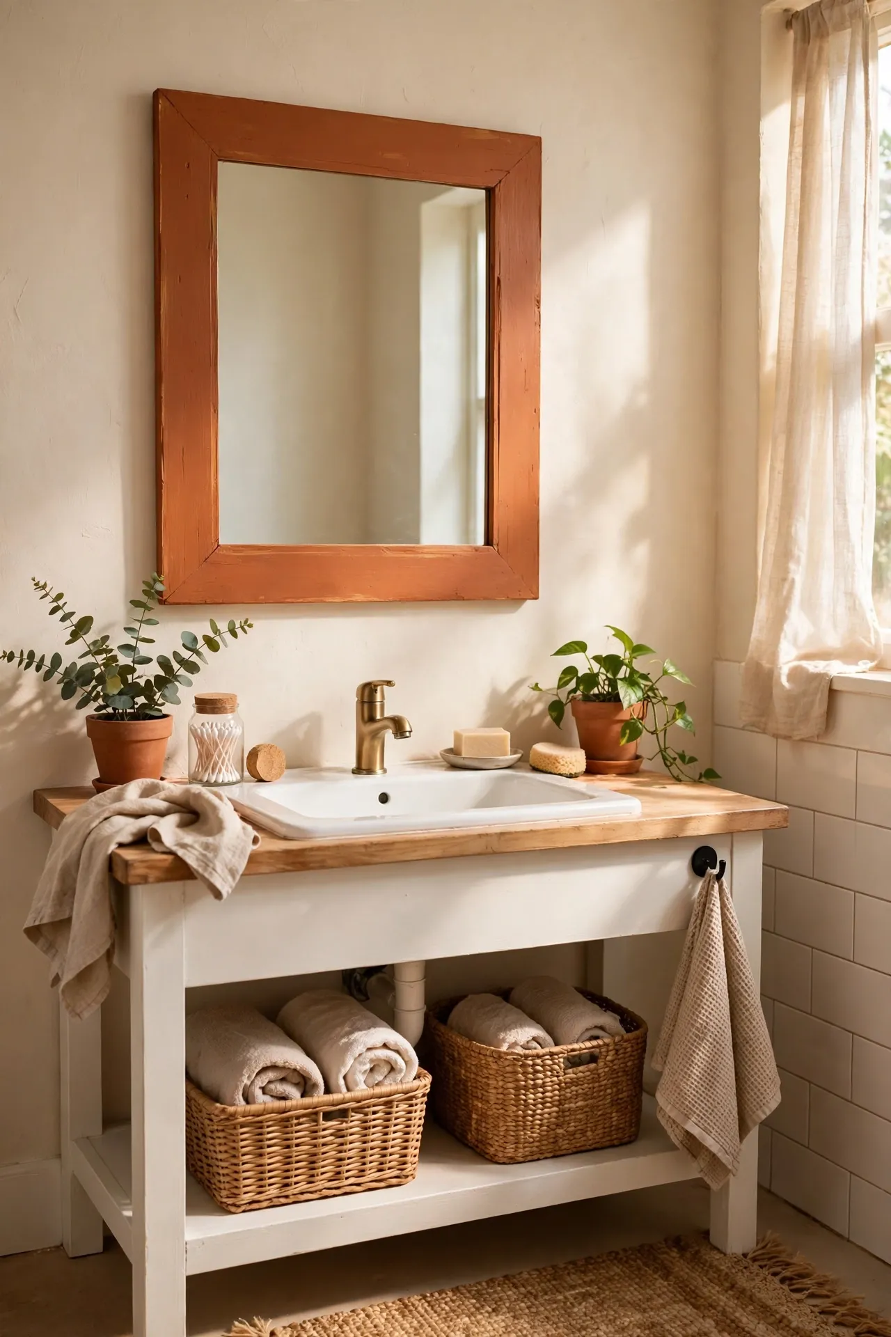 White bathroom mirror with a warm terracotta painted trim