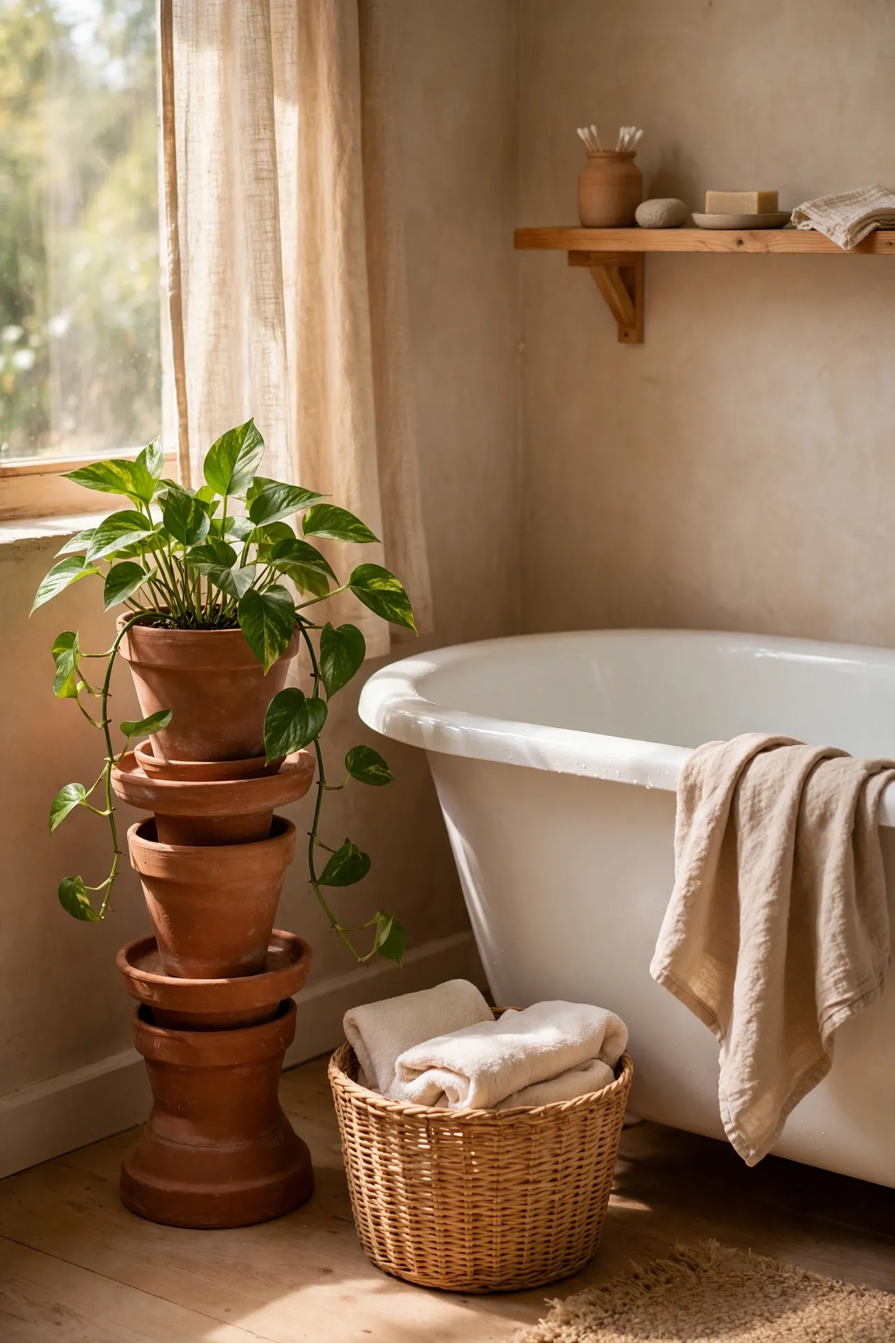 Terracotta plant stand with a green plant beside bathtub