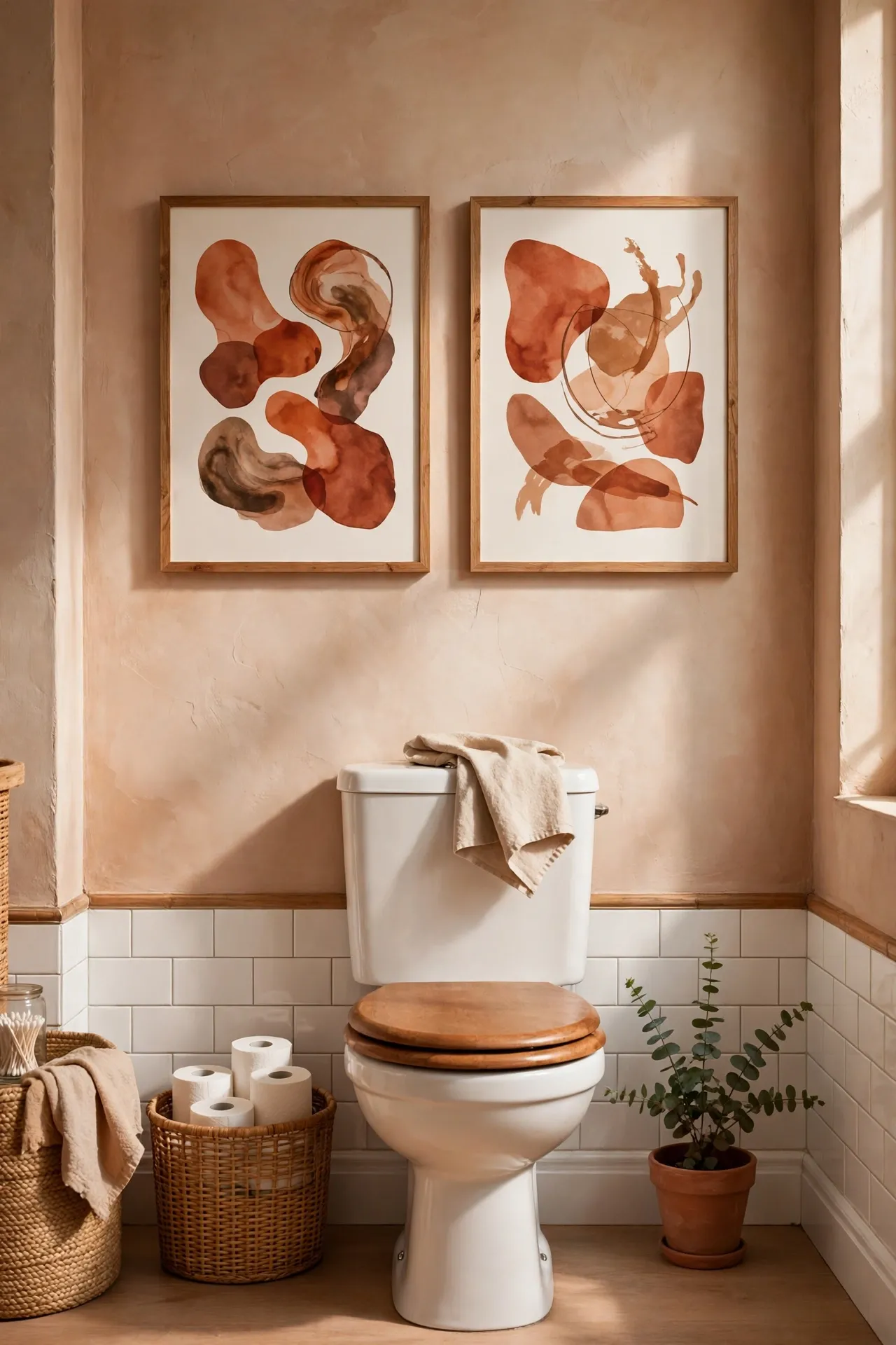 Rust and terracotta art prints above bathroom toilet