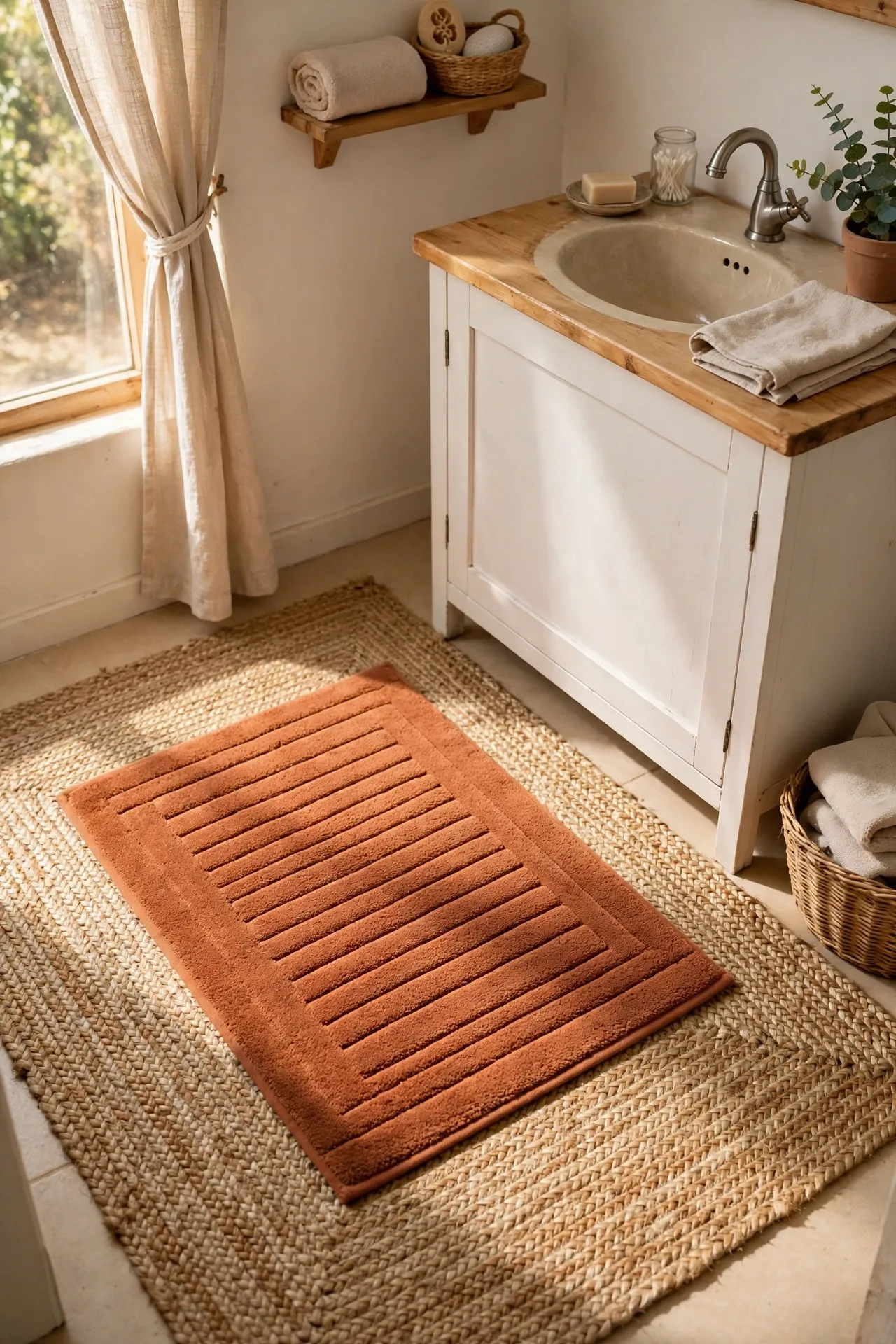 Terracotta bath rug layered over natural jute rug