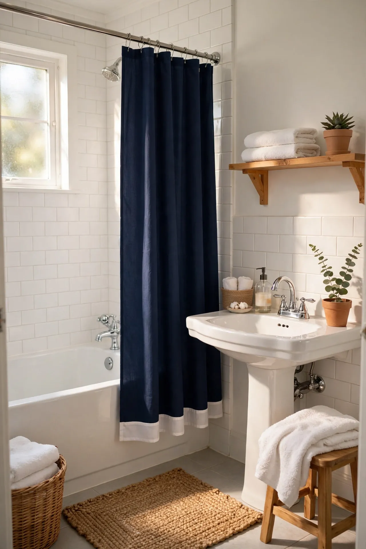 Navy shower curtain with white hem in bright bathroom