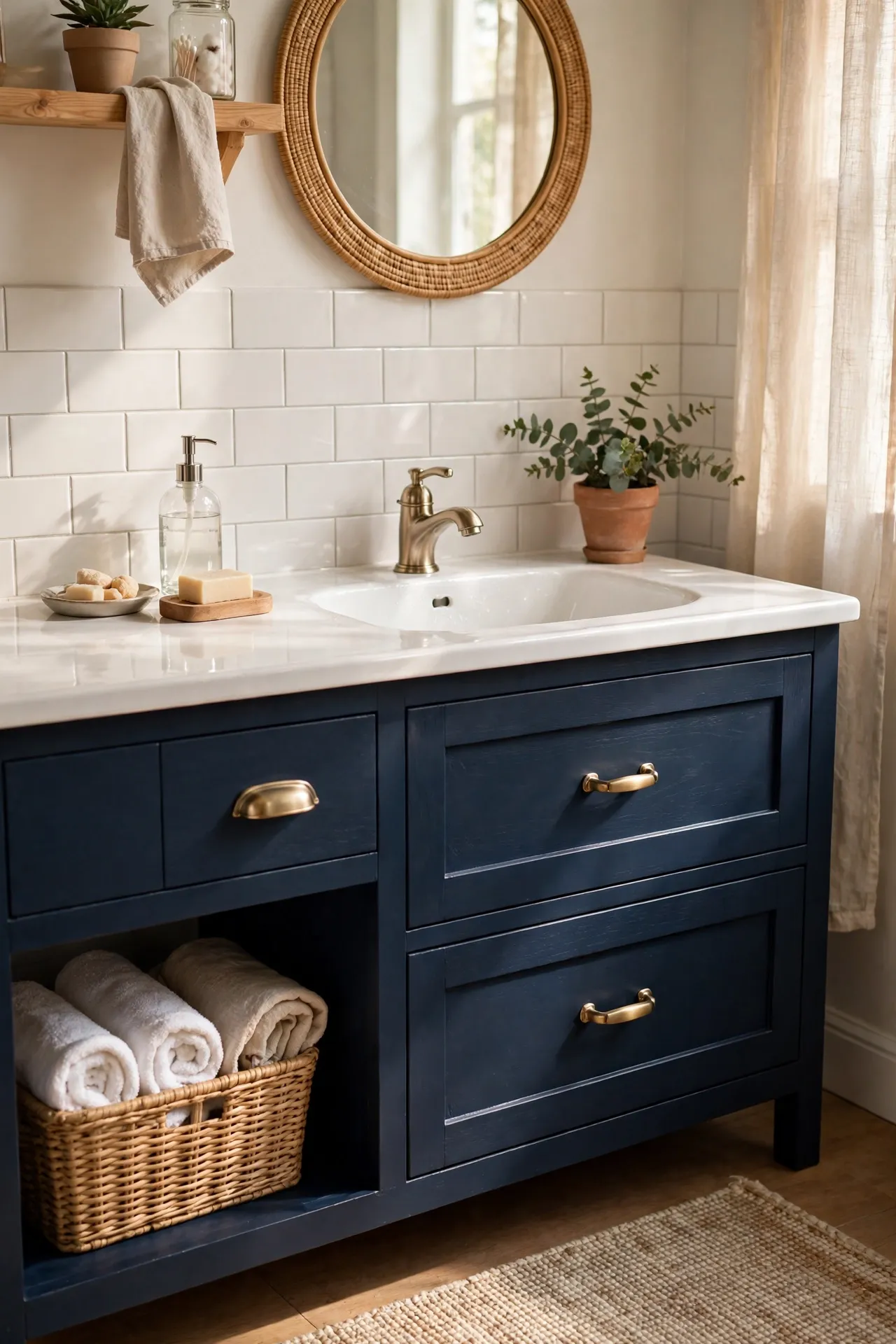 Deep navy bathroom vanity with brushed brass pulls