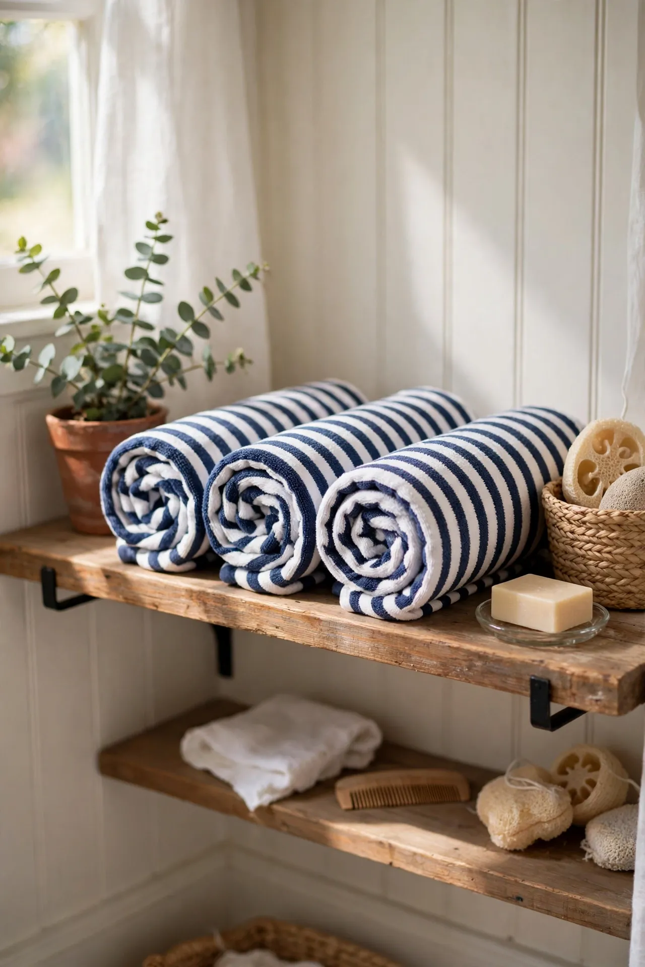 Navy striped towels rolled spa style on shelf