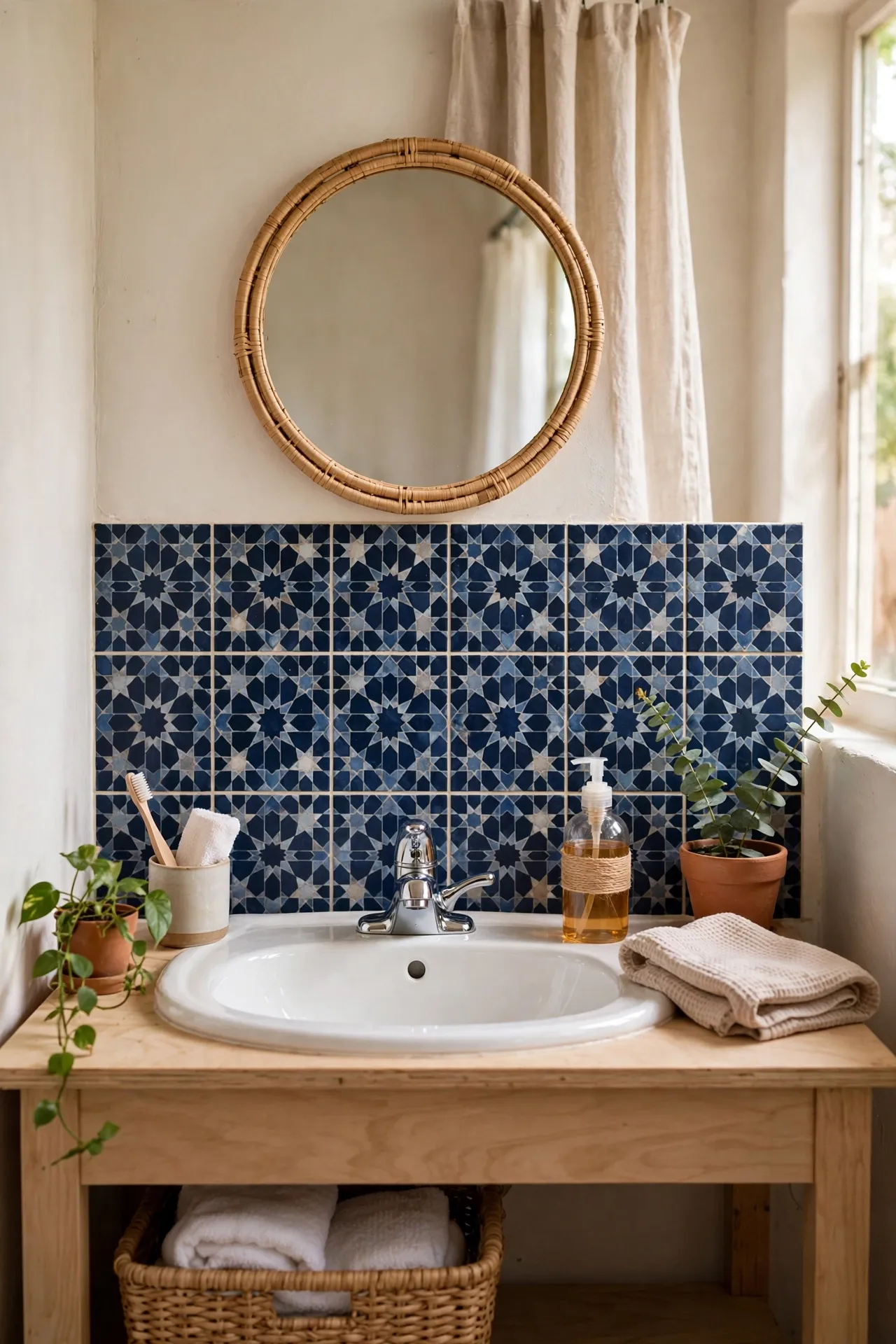 Navy peel and stick tile behind bathroom sink