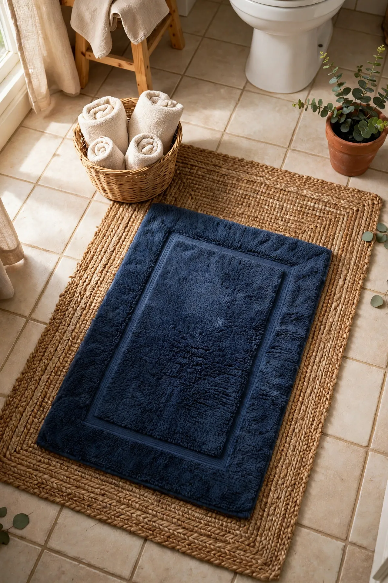 Navy bath mat layered over natural jute rug