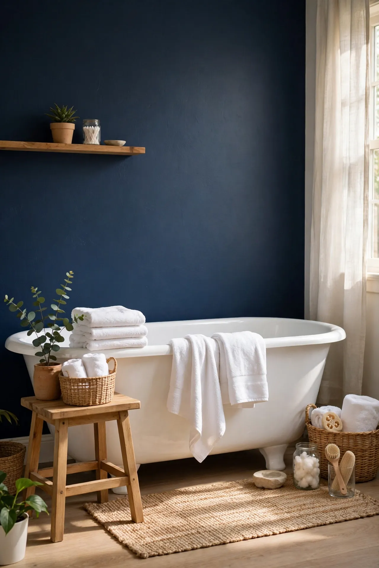 Navy accent wall behind white freestanding bathtub with soft natural light