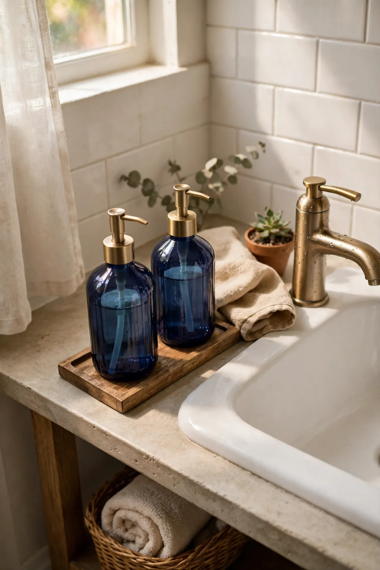 Navy glass soap dispensers on wooden bathroom tray