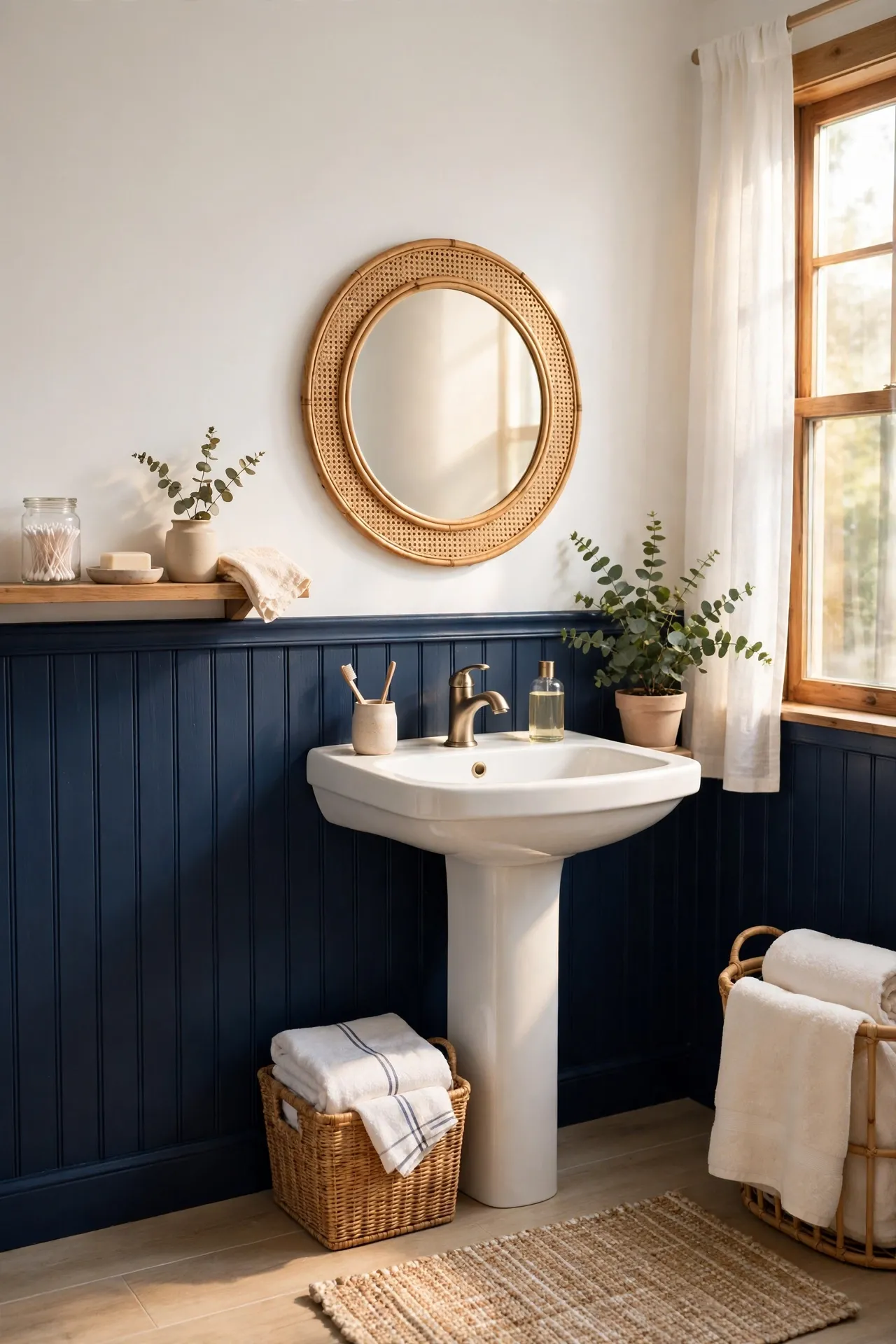 Navy beadboard wainscoting in white bathroom with soft natural light
