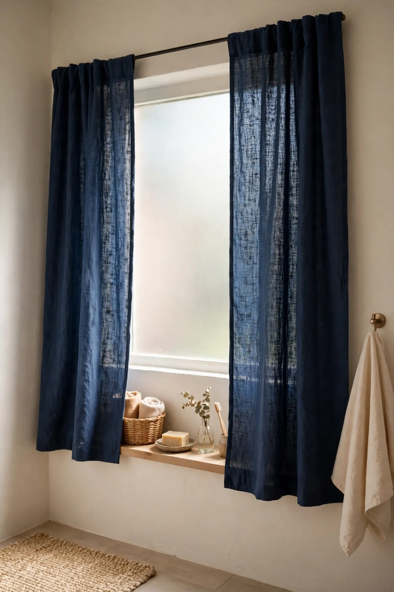 Navy linen curtains over frosted bathroom window with soft natural light