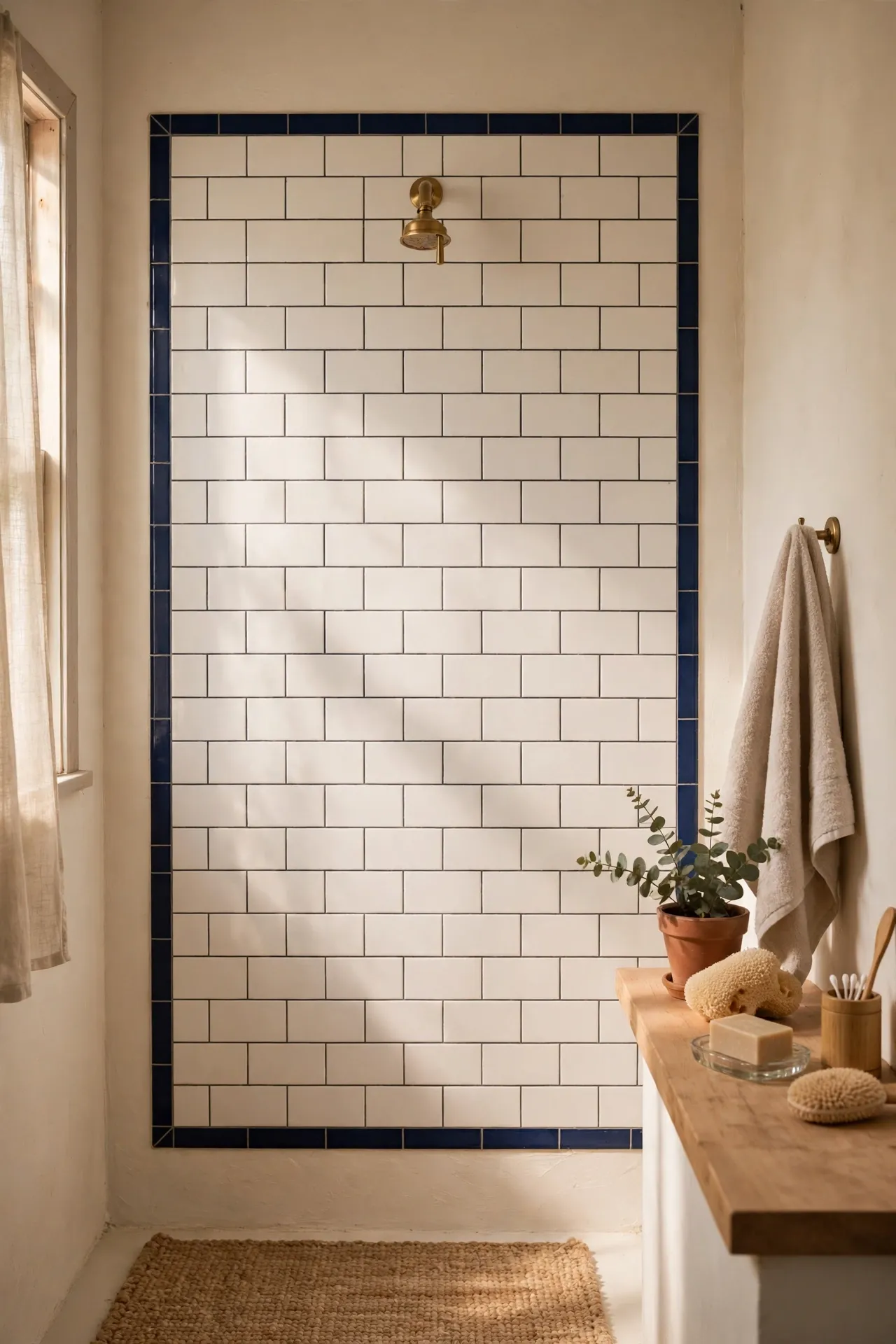 Navy tile border around white subway shower with soft natural light