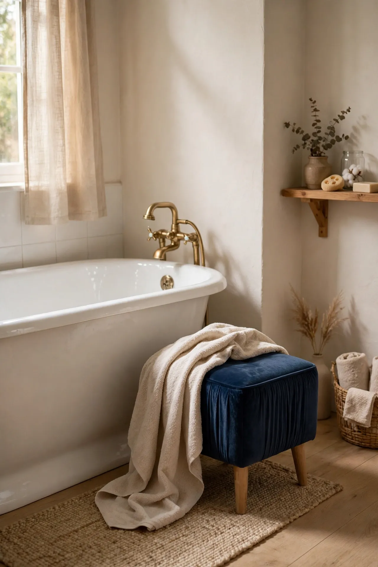 Navy velvet stool beside freestanding bathtub with soft natural light