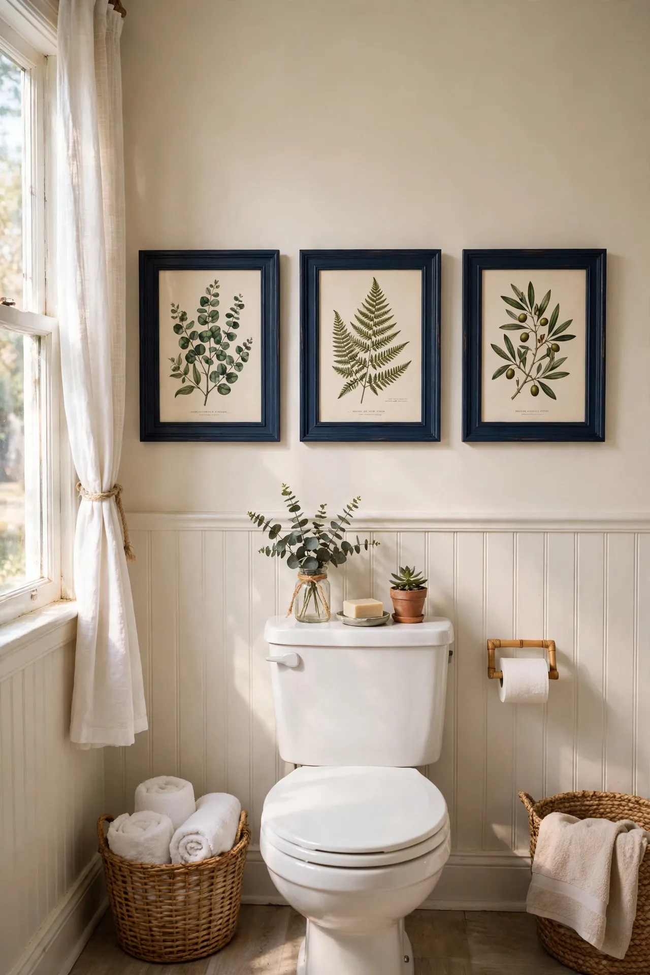 Navy framed botanical prints above bathroom toilet with soft natural light