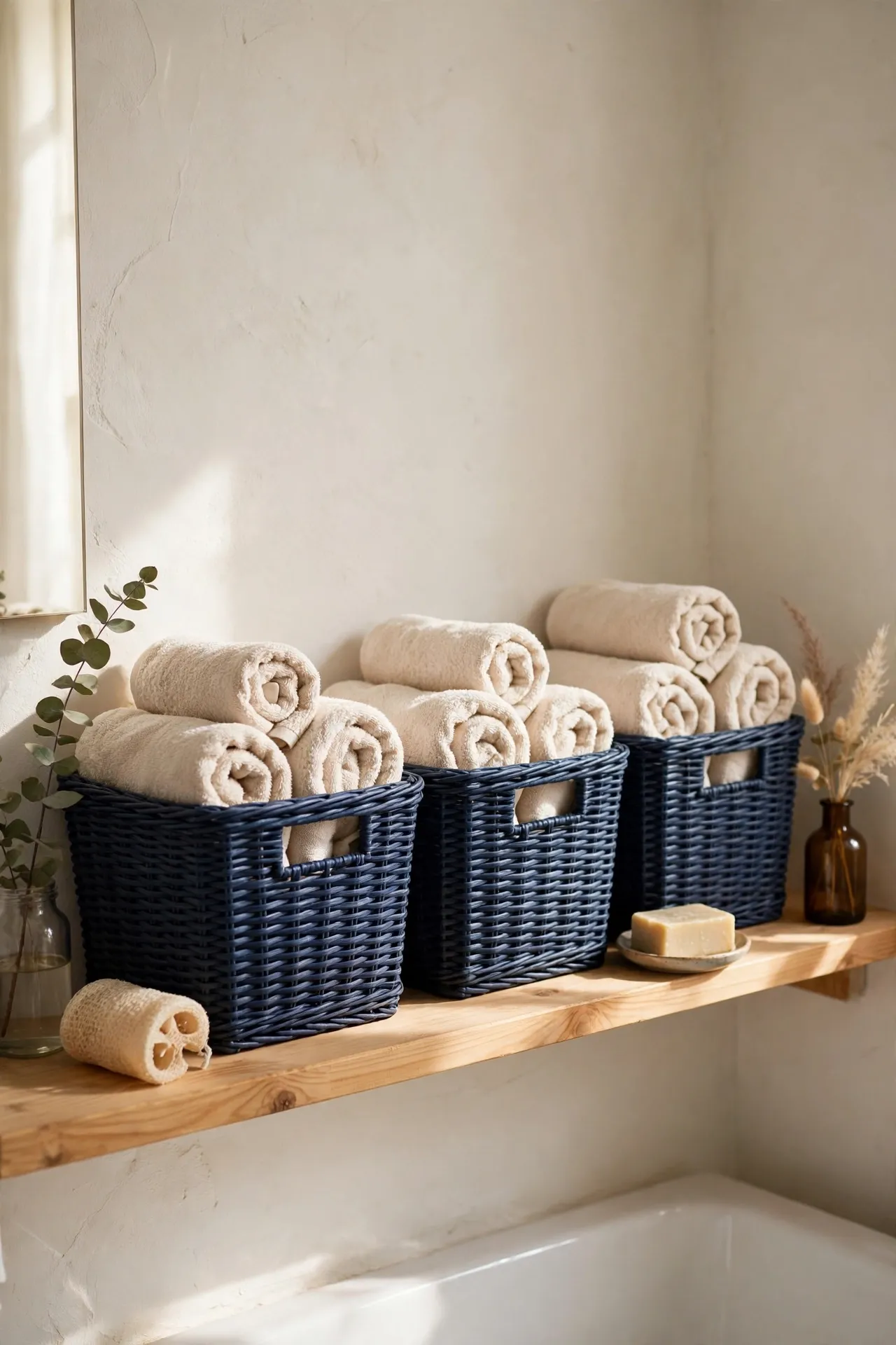 Navy storage baskets holding rolled bathroom towels with soft natural light