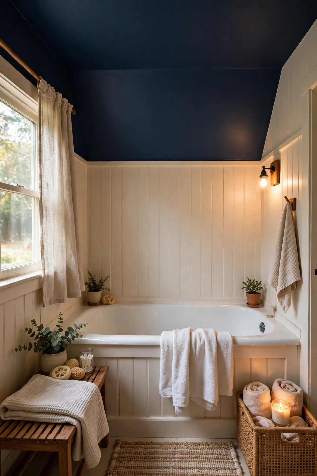 Navy painted ceiling over cozy bathroom soak nook