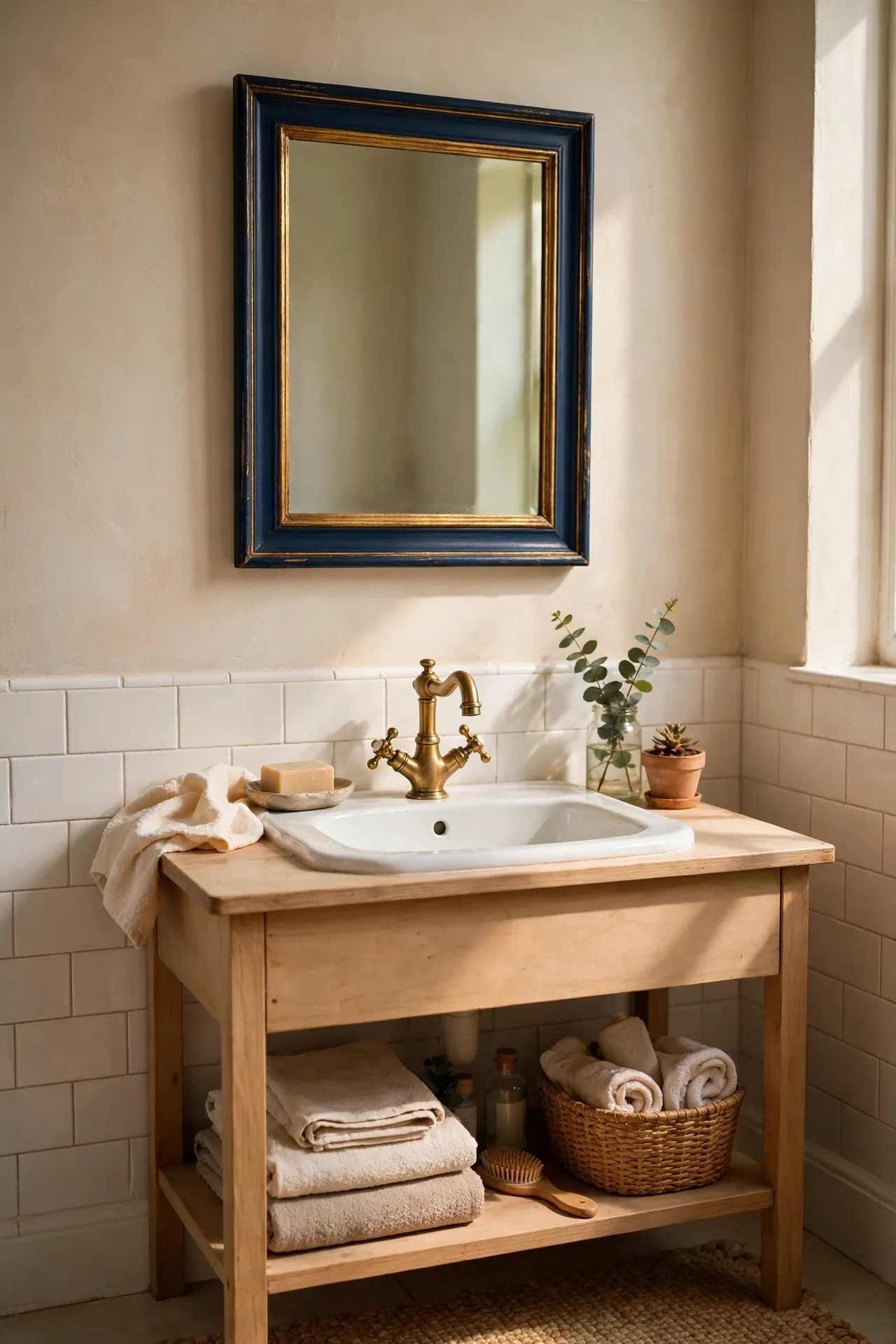 Navy and gold mirror frame over bathroom vanity