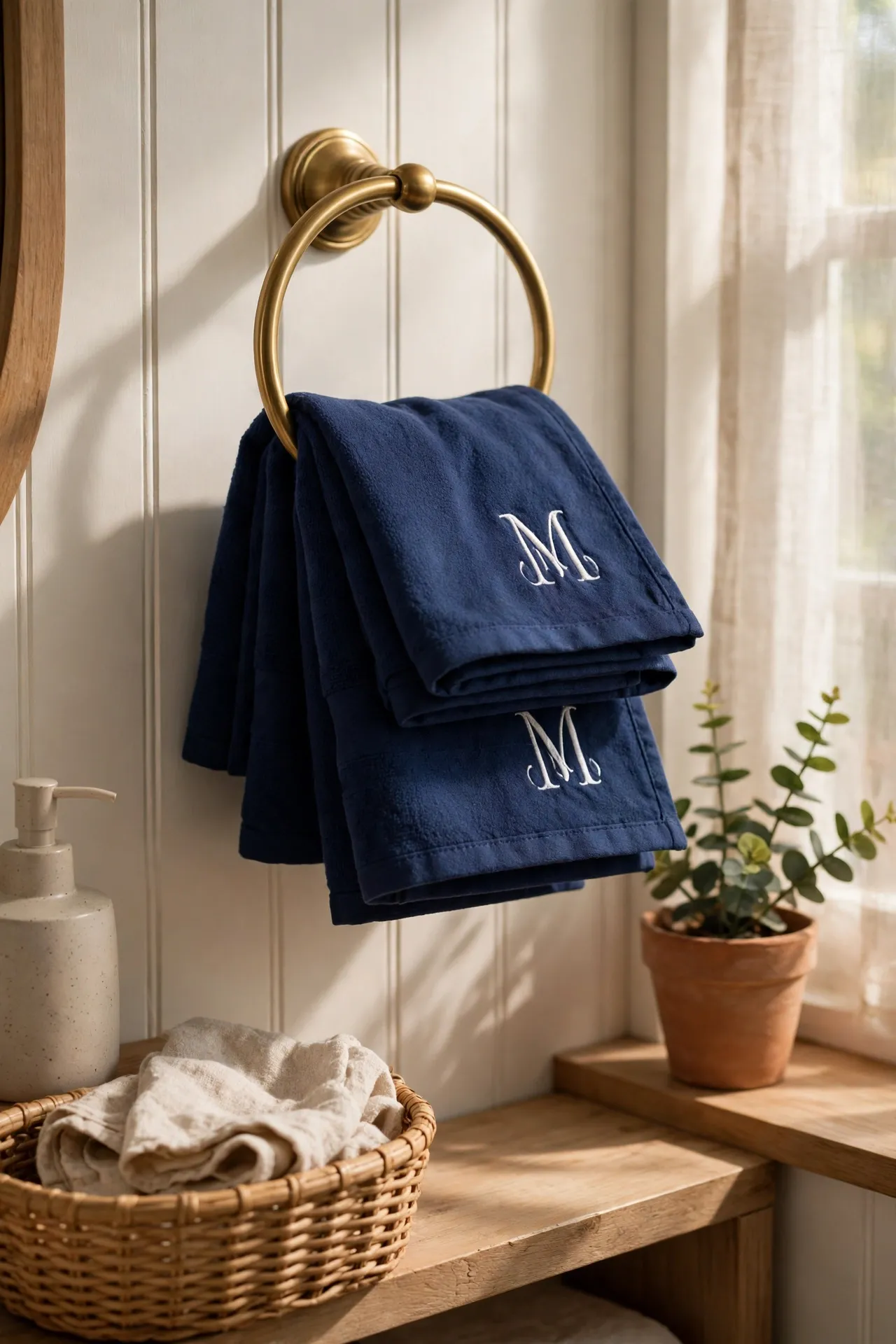 Navy monogrammed hand towels folded for guests with soft natural light