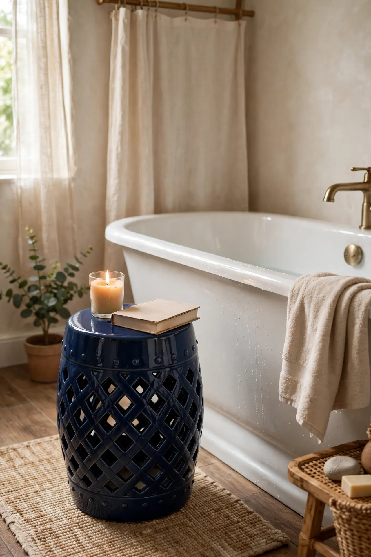 Navy ceramic stool holding candle and book with soft natural light