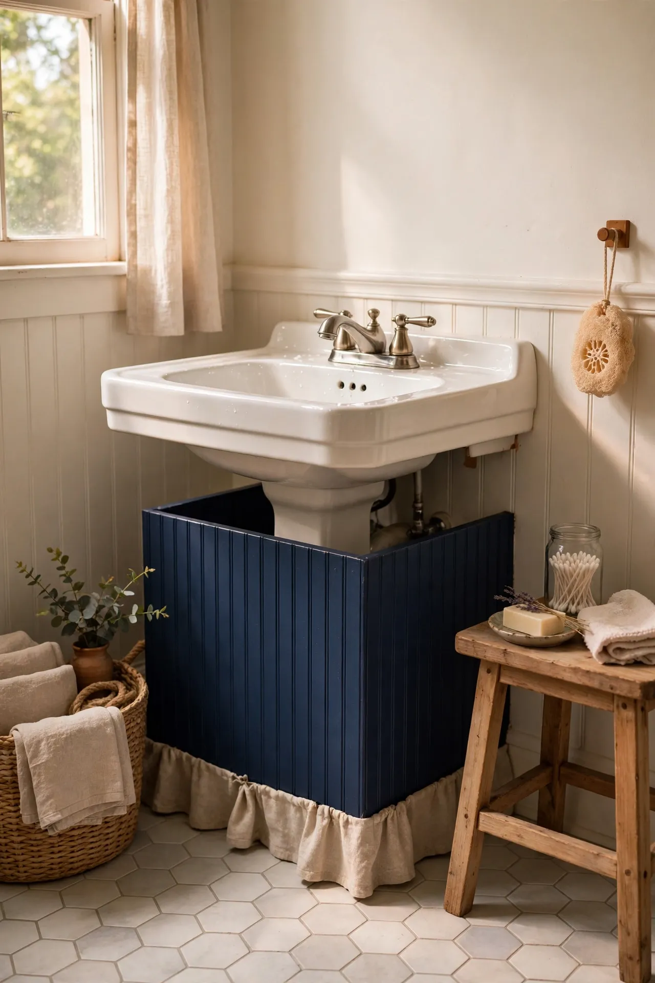 Navy beadboard skirt hiding bathroom sink plumbing with soft natural light