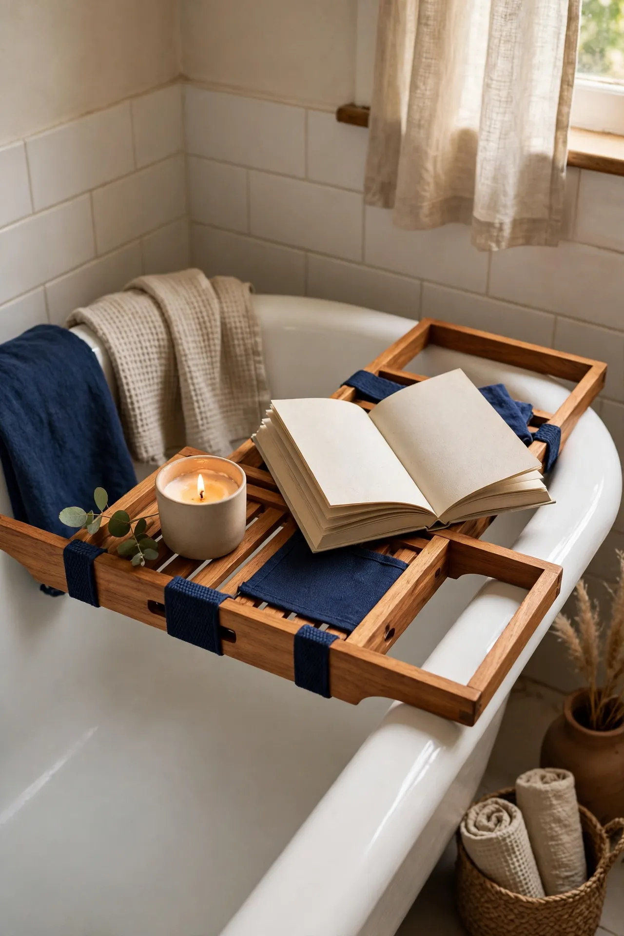 Teak and navy bath caddy across bathtub with soft natural light