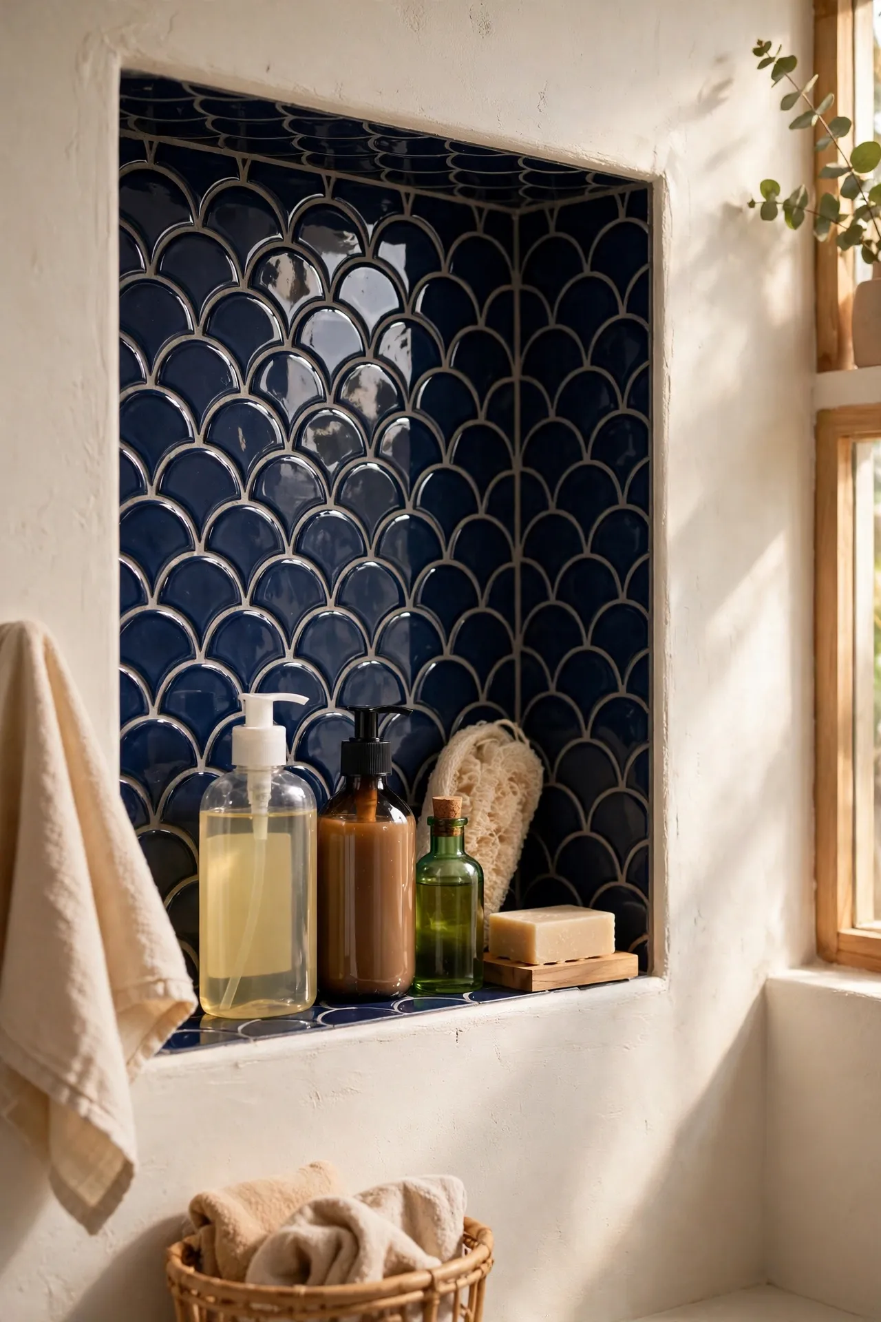 Navy fish scale tile in shower niche with soft natural light