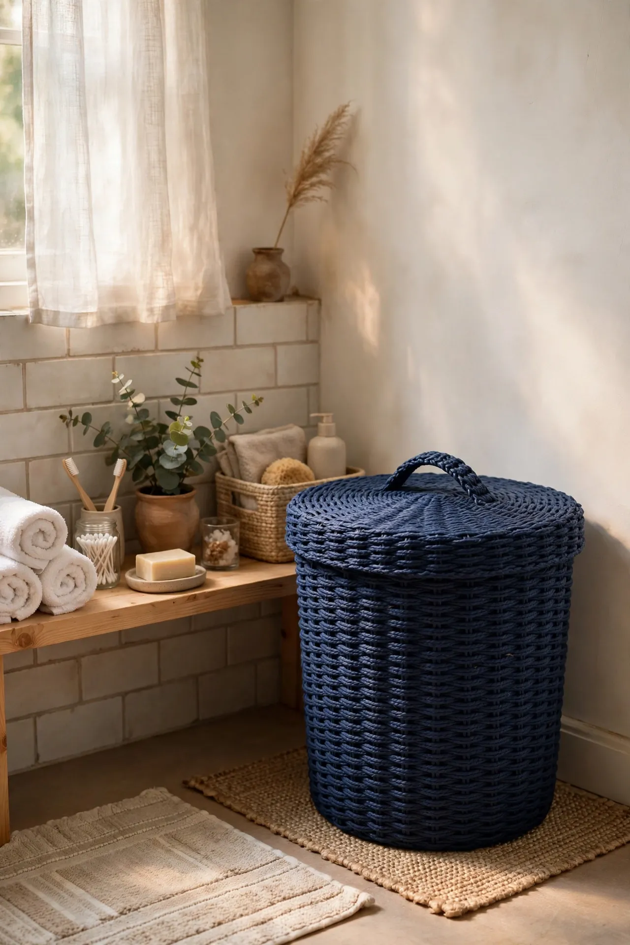 Stylish navy laundry hamper in bathroom corner with soft natural light