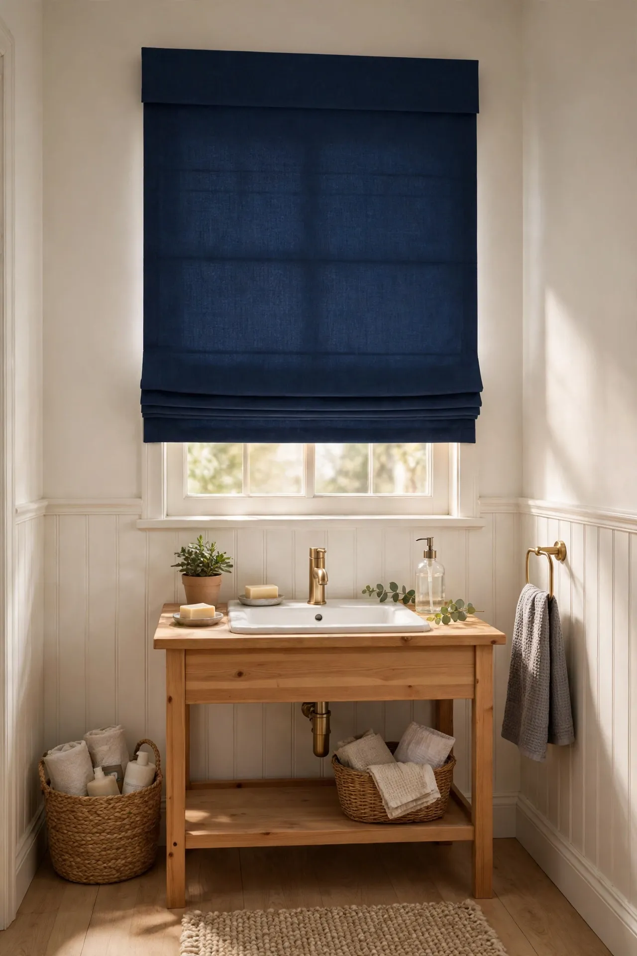 Navy Roman shade on bathroom window with soft natural light