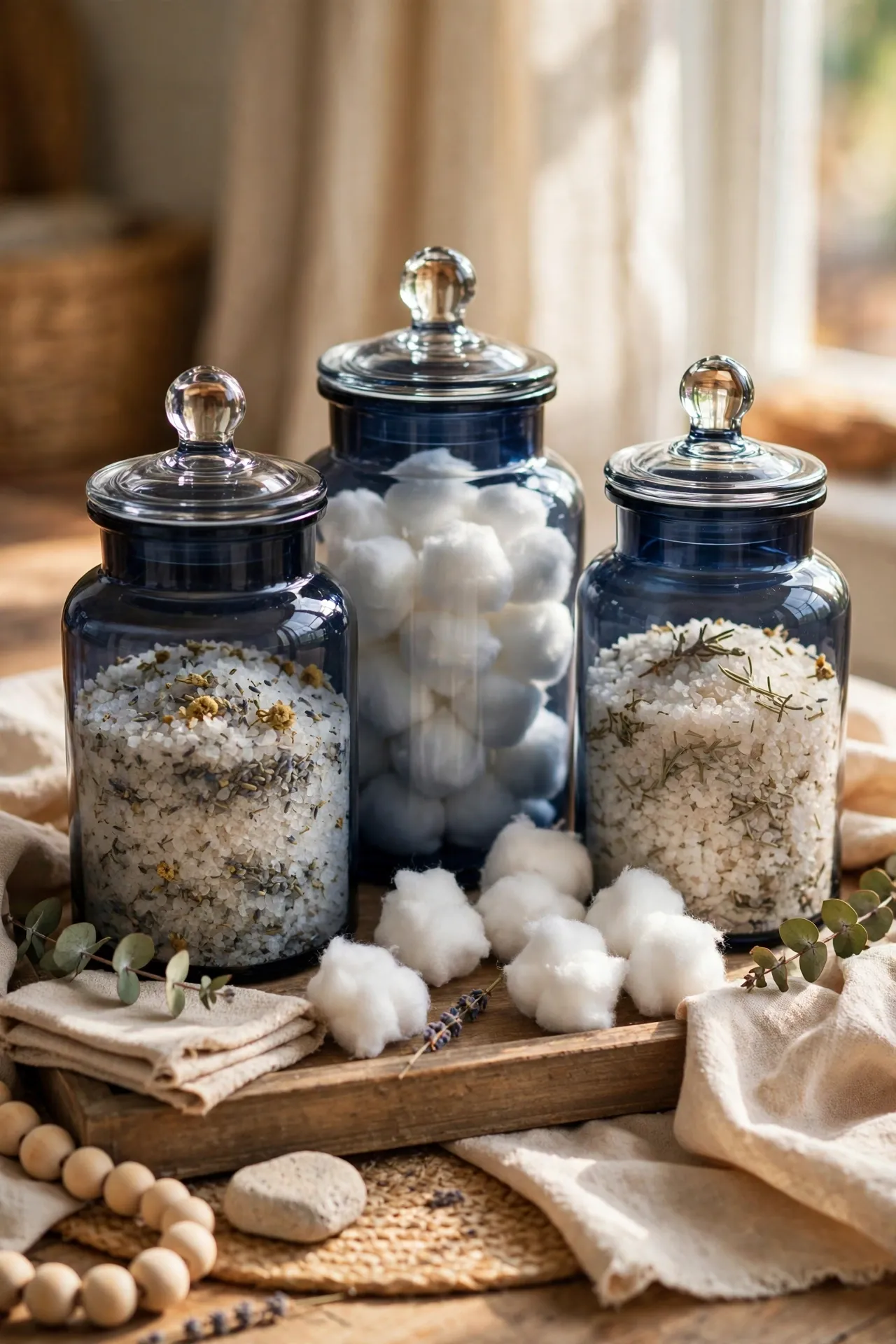 Navy apothecary jars with bath salts and cotton