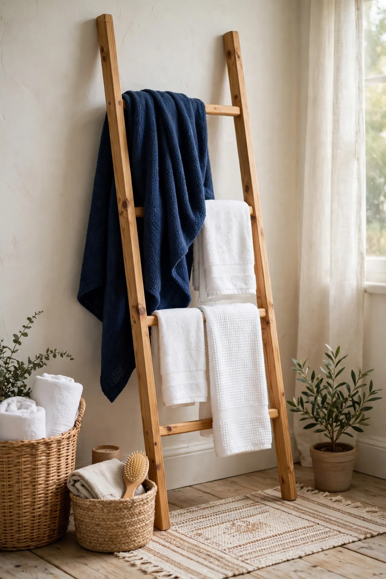 Navy throw draped over wooden ladder towel rack