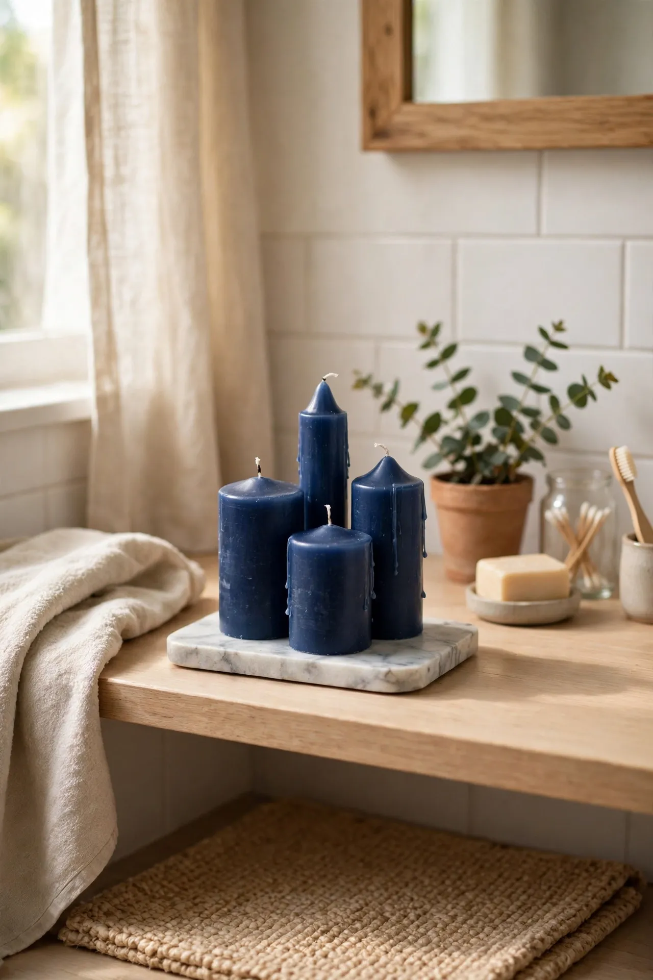 Navy candles clustered on marble bathroom tray with soft natural light