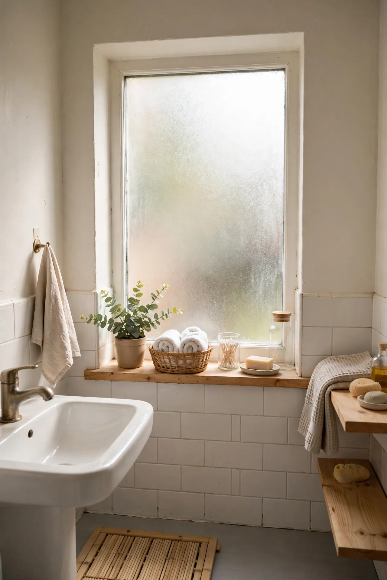 Frosted glass spray on plain bathroom window with soft natural light