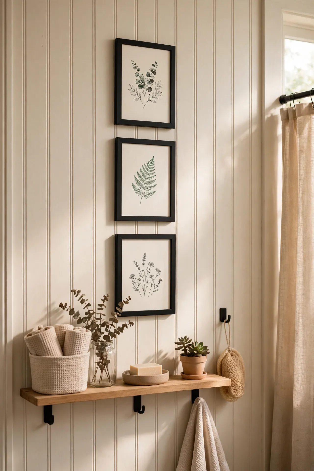 Black painted frames with botanical bathroom art with soft natural light