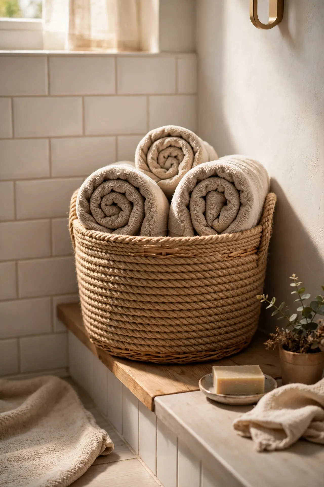 Rope wrapped basket holding rolled bathroom towels with soft natural light