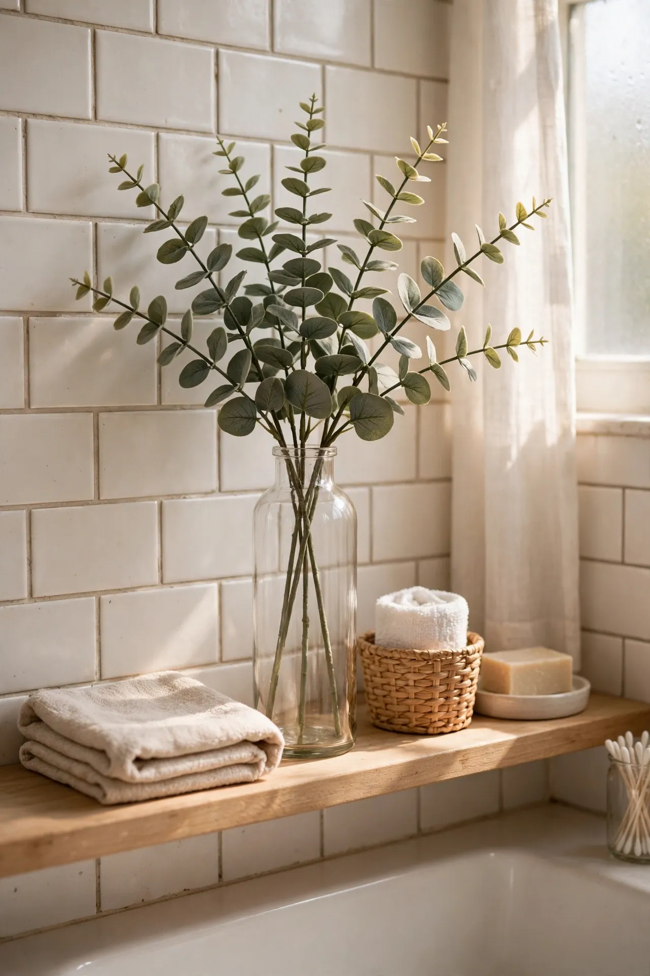 Faux eucalyptus stems in clear glass bottle with soft natural light