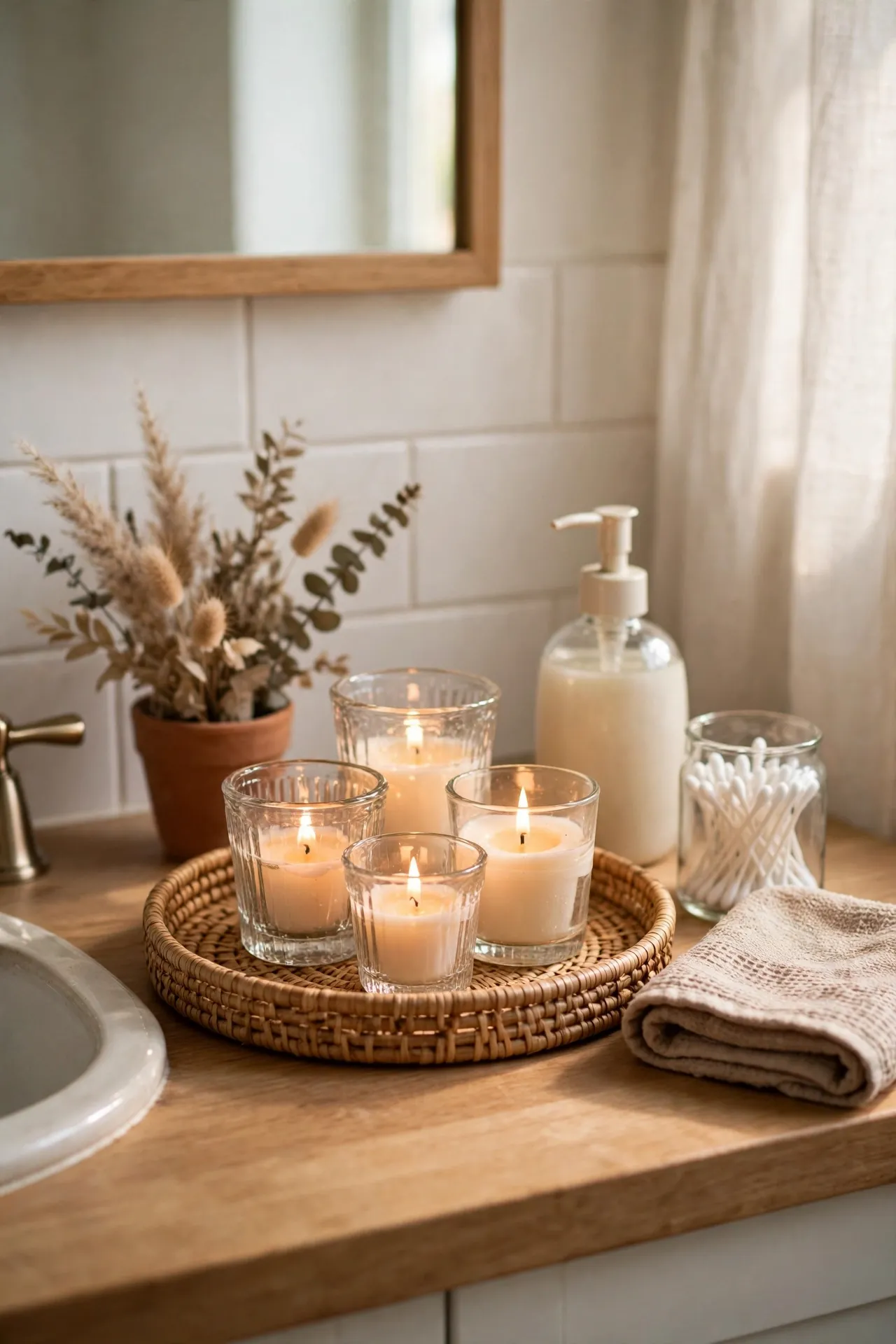 Glass candle holders grouped on bathroom tray with soft natural light