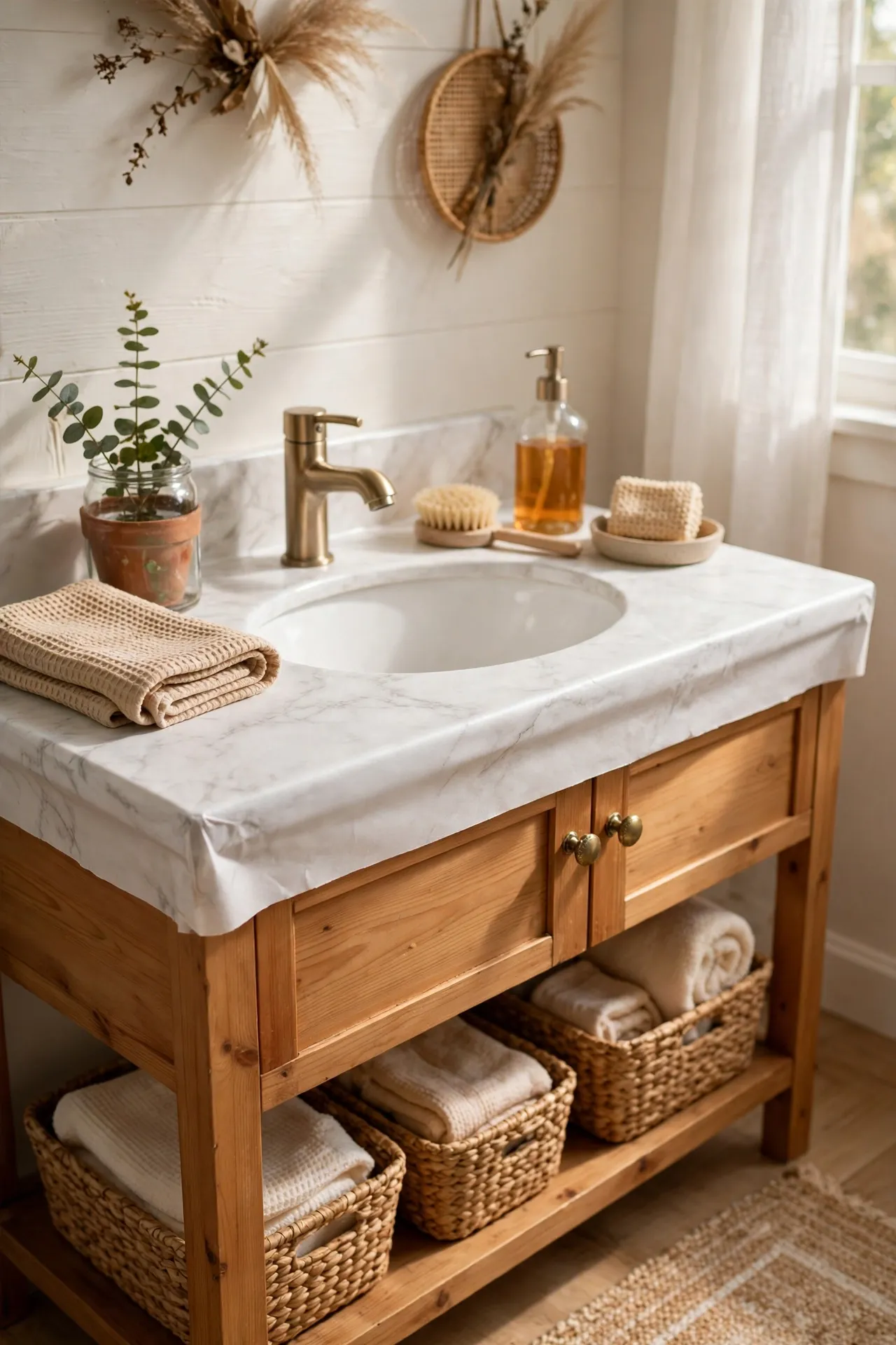 Marble contact paper on bathroom vanity top with soft natural light
