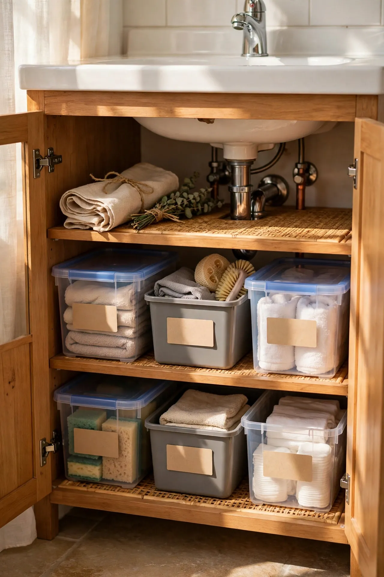Labeled storage bins under bathroom sink cabinet with soft natural light