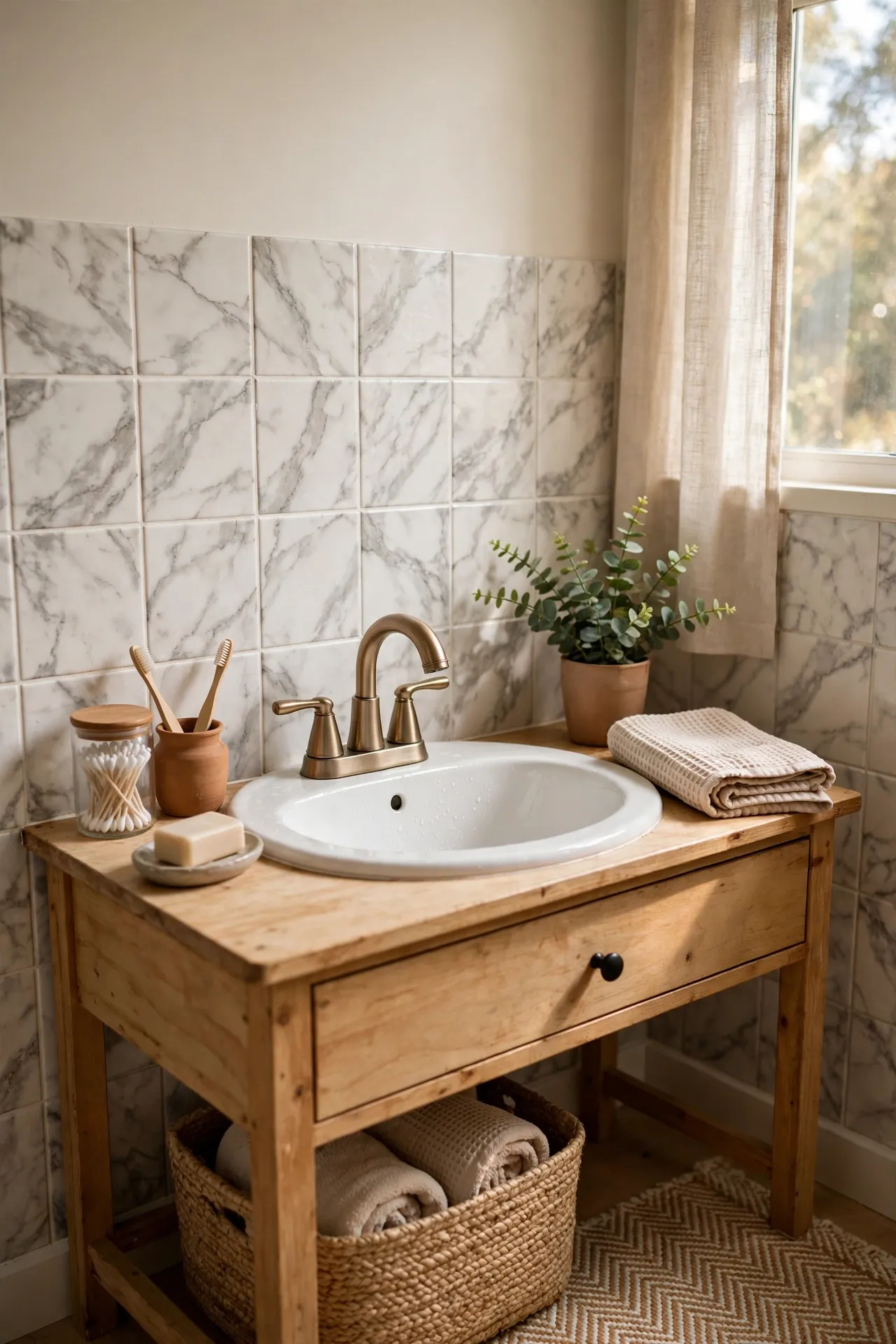 Faux marble peel stick tiles behind sink with soft natural light