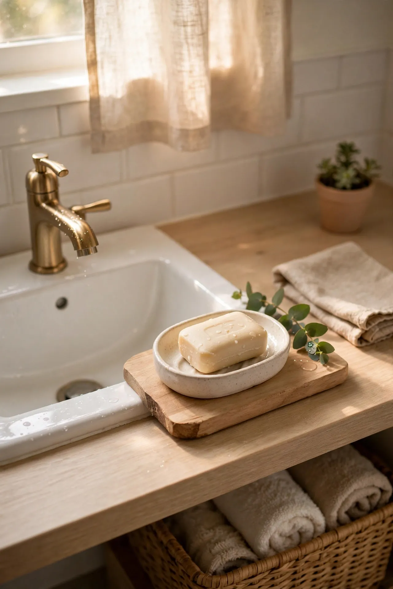 Soap dish on small wooden board by sink