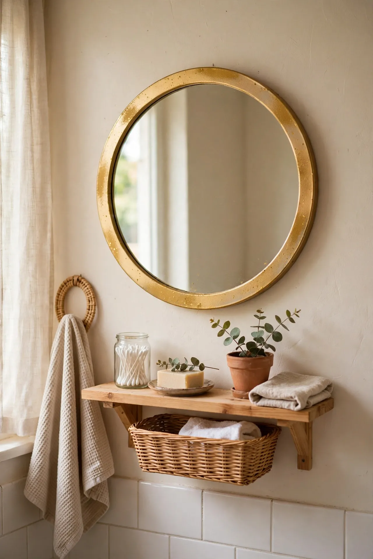 Gold spray painted mirror frame in bathroom with soft natural light