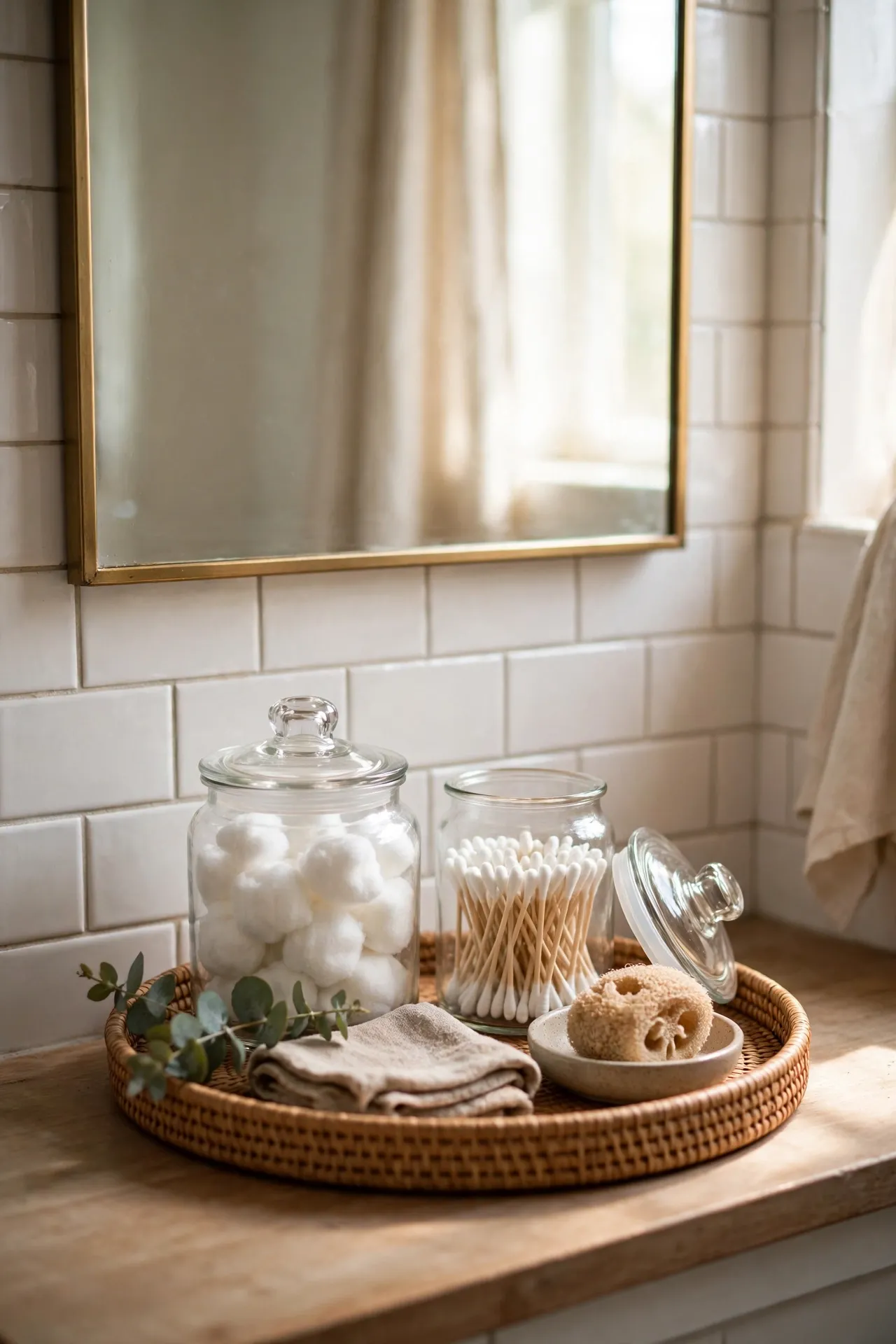 Glass jars with cotton balls by bathroom mirror