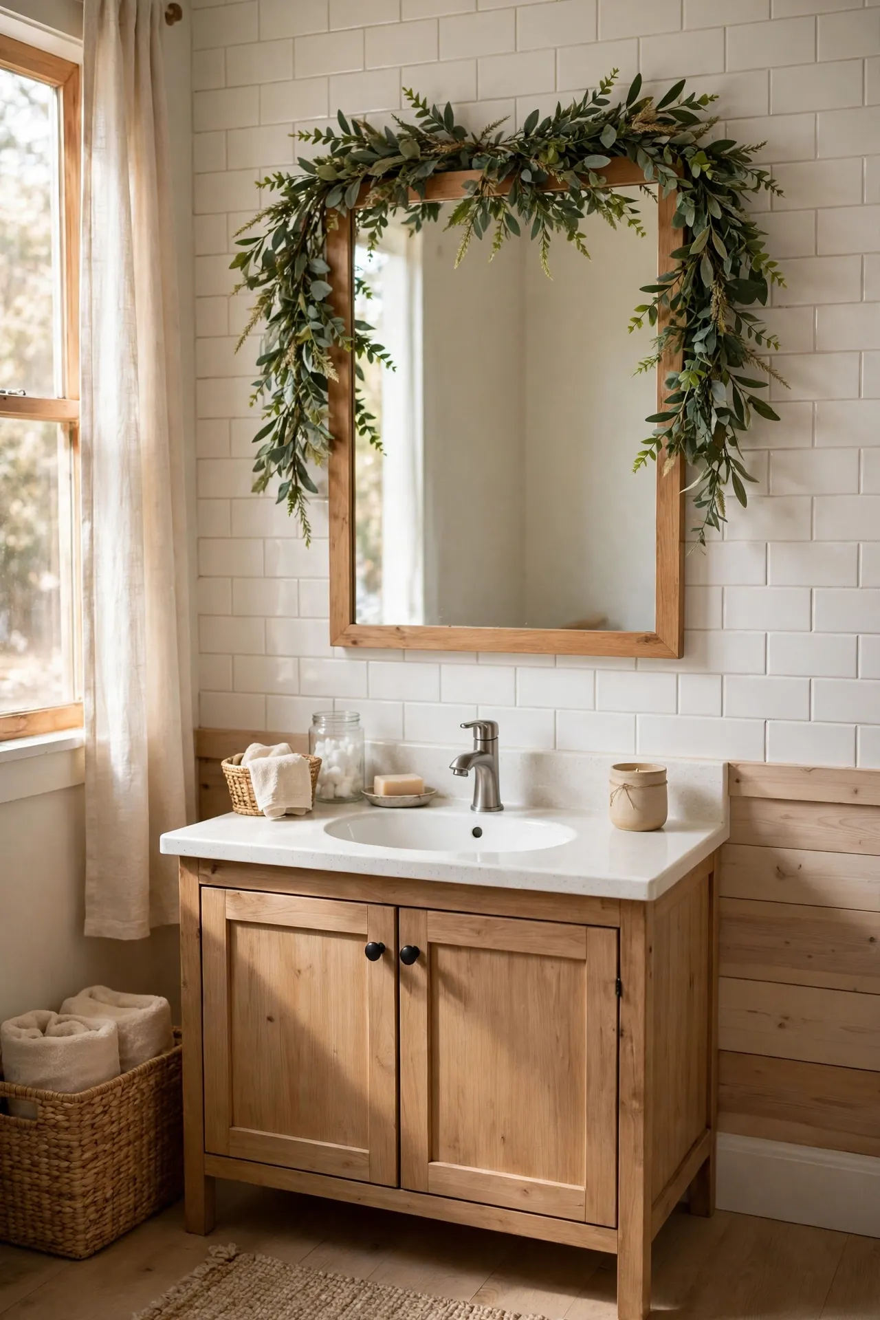Faux greenery garland draped over bathroom mirror with soft natural light