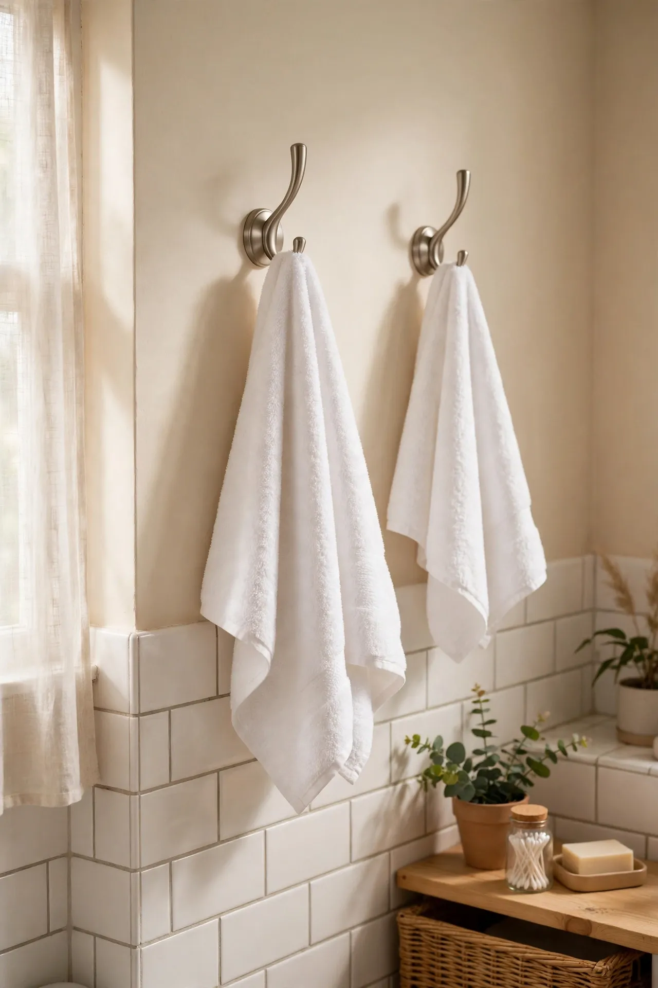 Brushed nickel towel hooks on bathroom wall with soft natural light