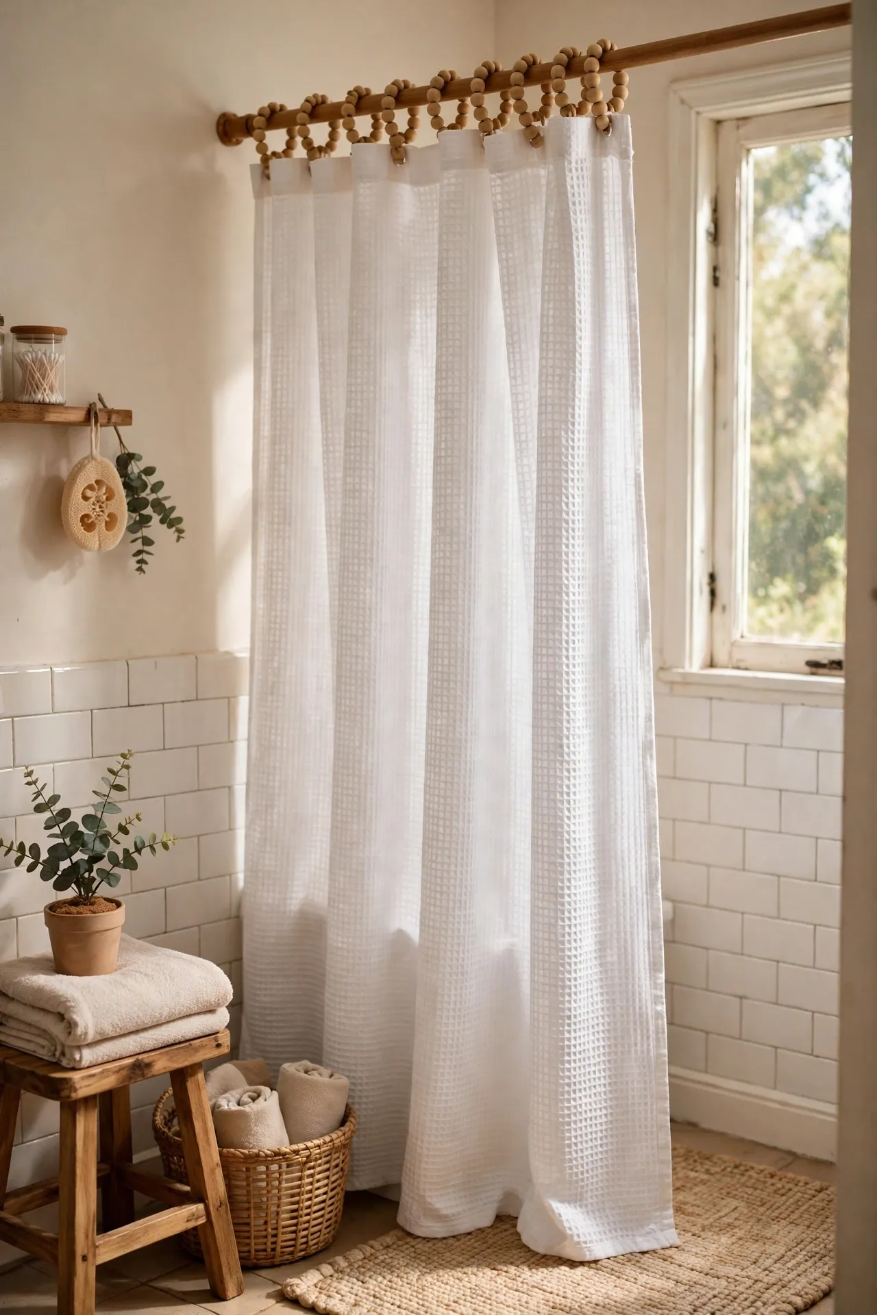 Wooden bead shower curtain rings on curtain with soft natural light