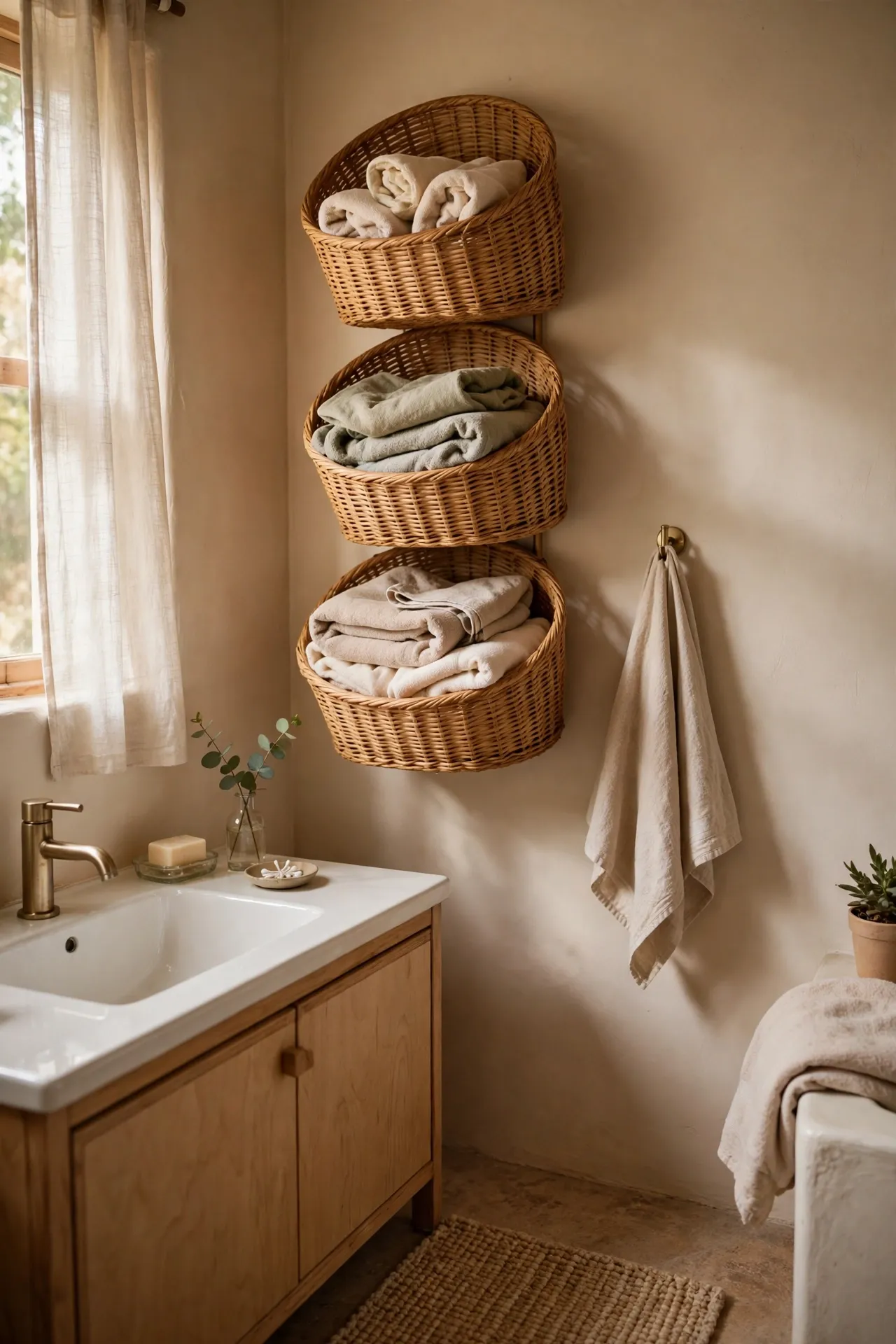 Stacked baskets as open bathroom wall shelving with soft natural light
