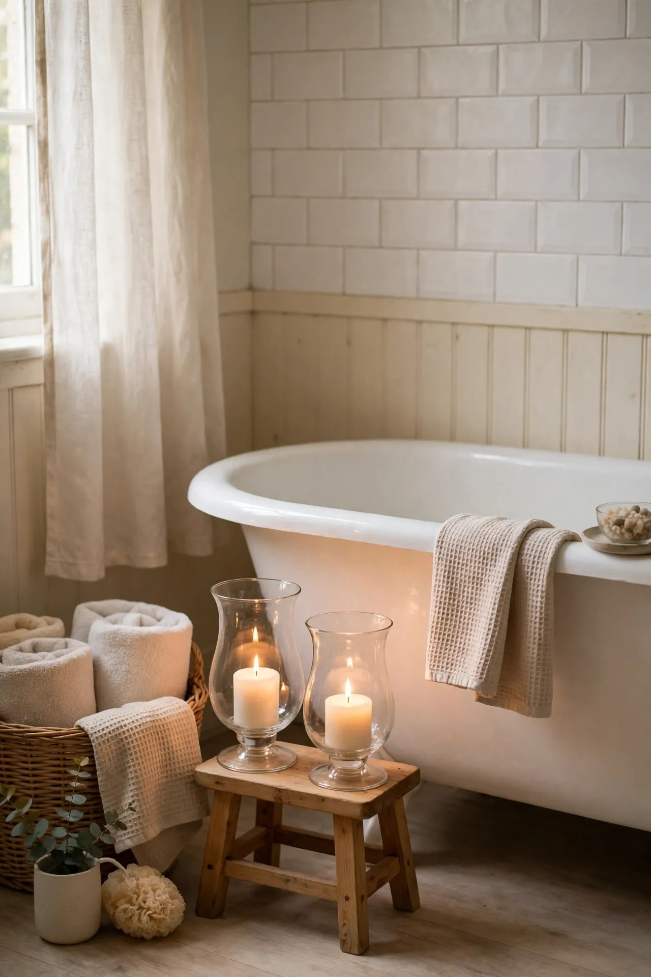 Candles in glass hurricanes beside bathtub with soft natural light