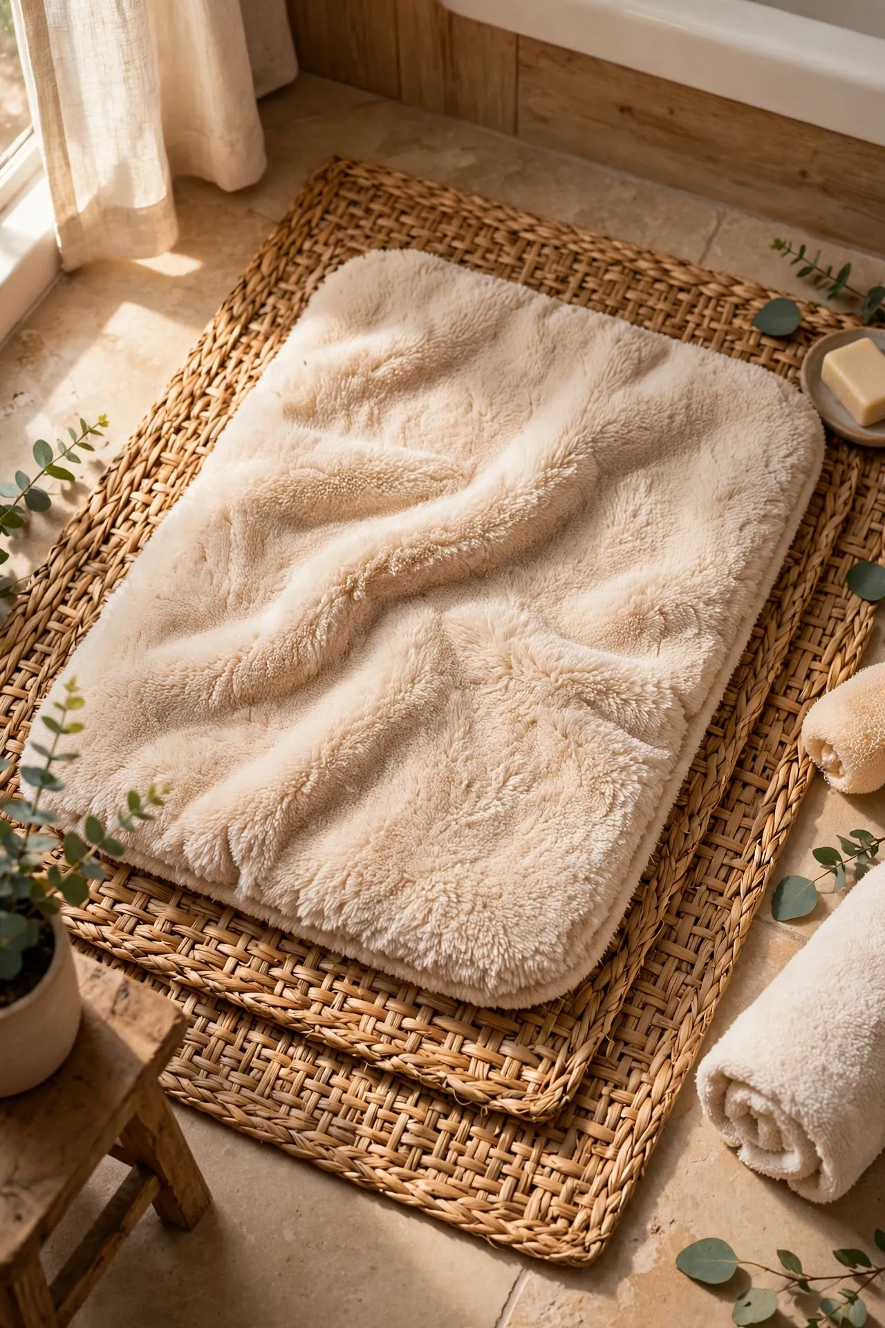 Woven placemats layered under bathroom bath mat with soft natural light