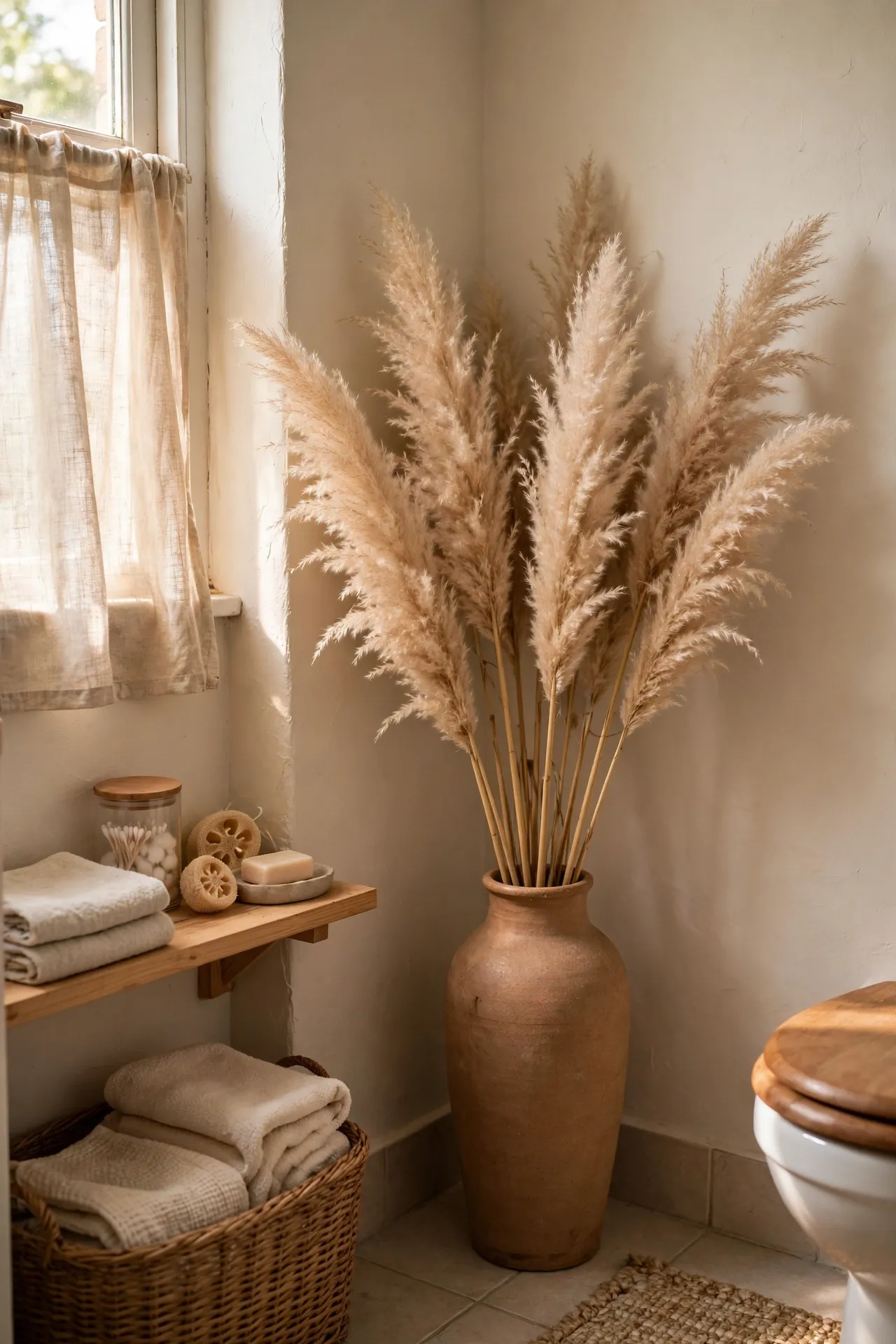 Tall vase with dried pampas in bathroom corner