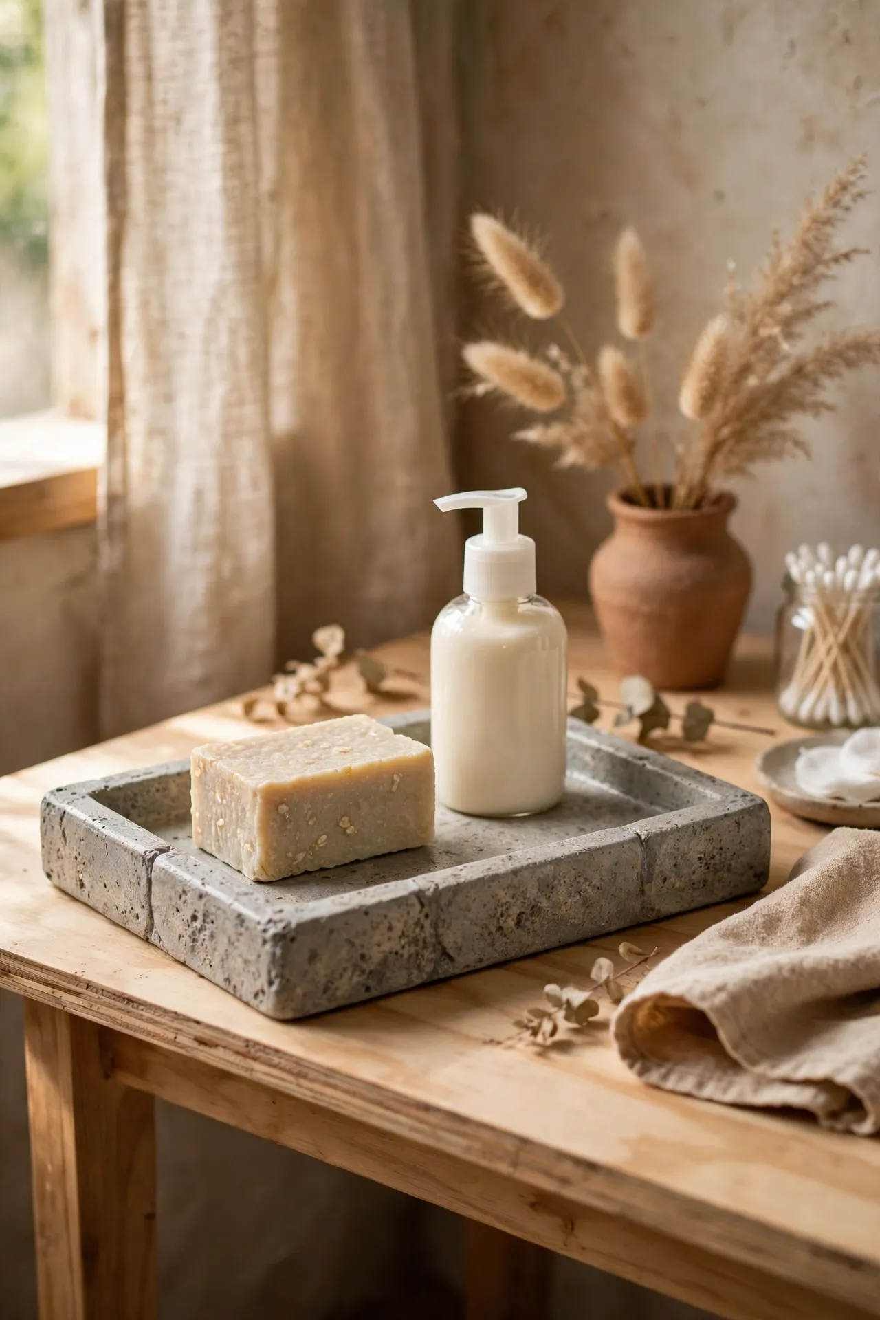 Stone look painted tray on bathroom vanity with soft natural light