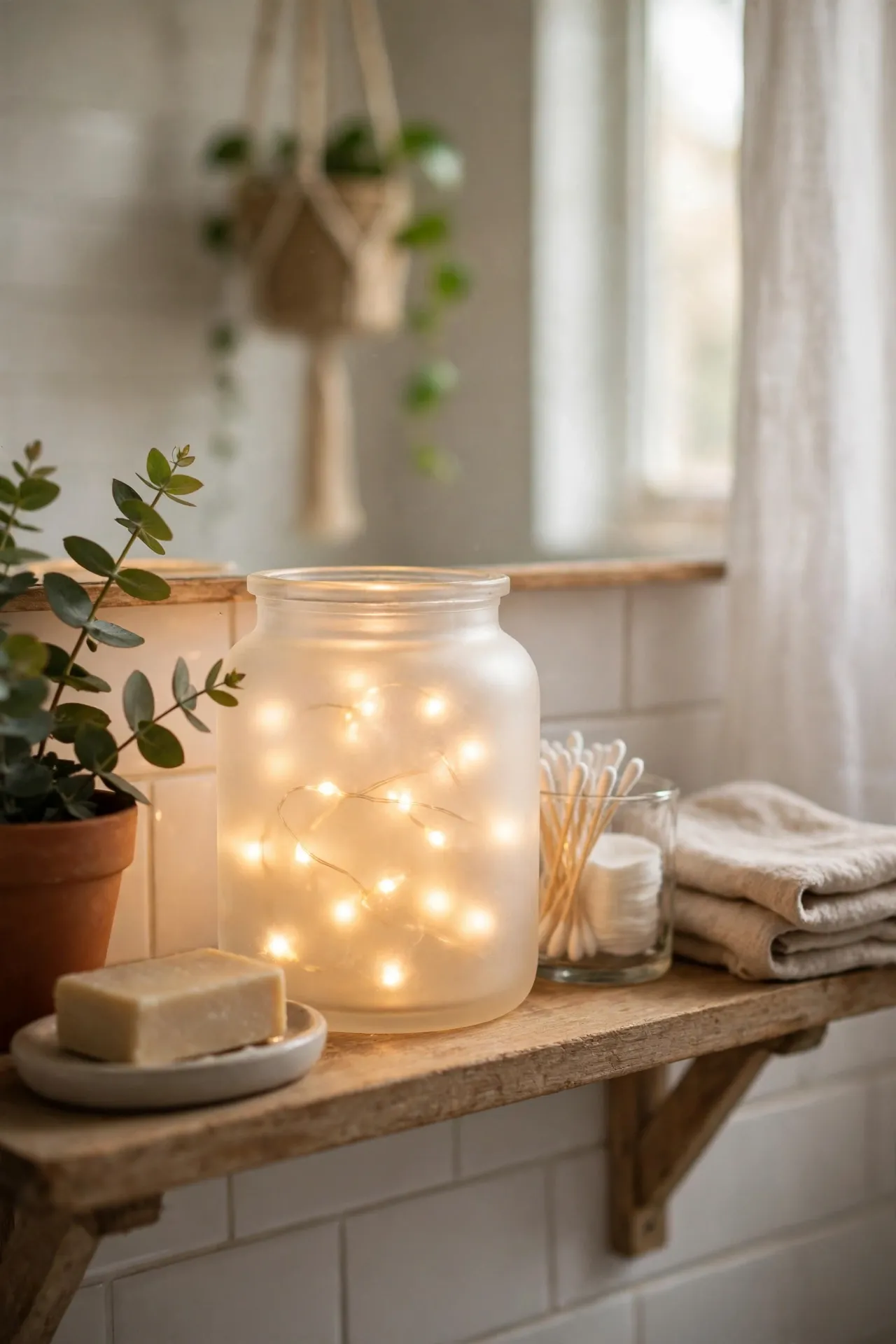 Fairy lights glowing in frosted glass jar with soft natural light