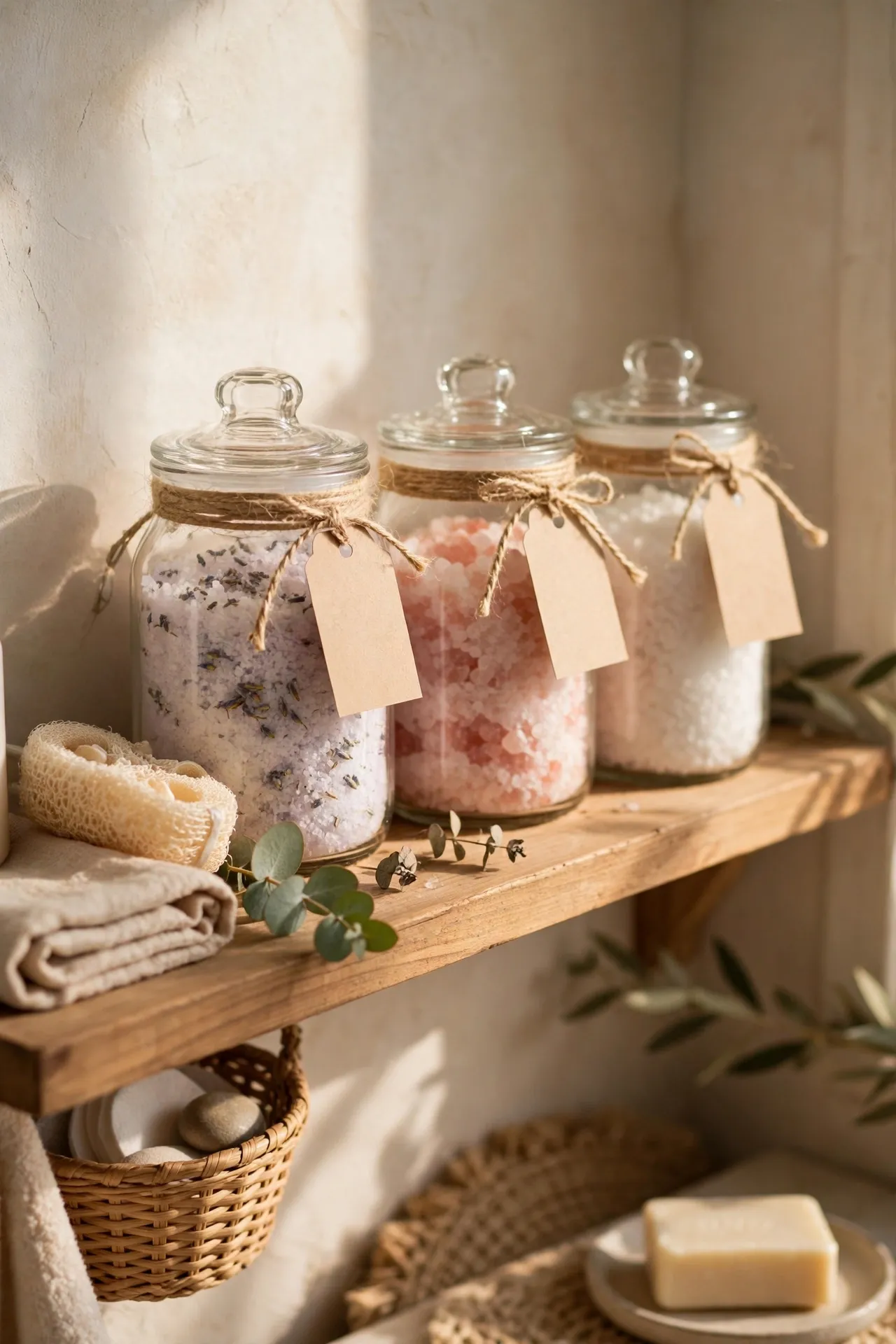 Bath salt jars tied with twine and tags